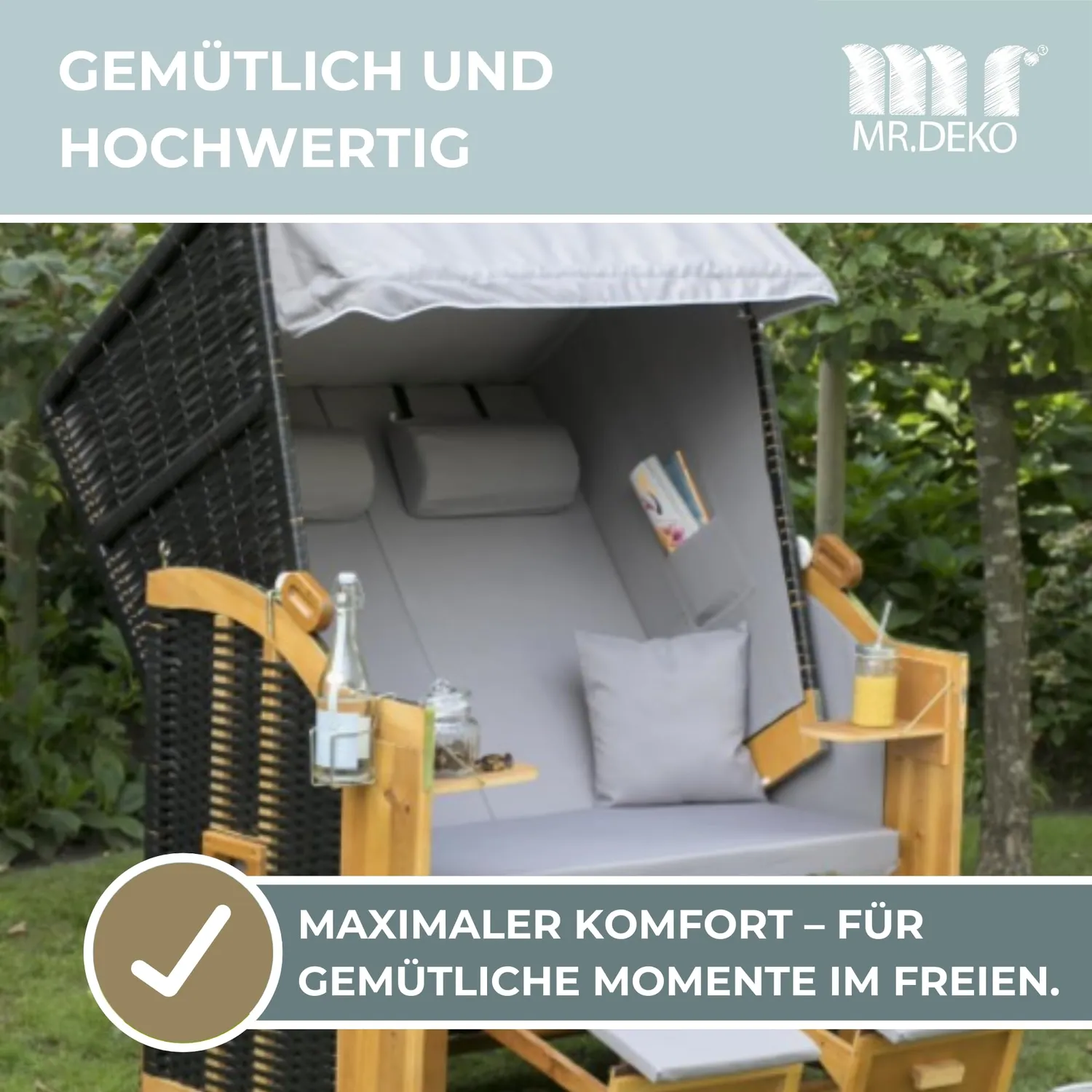 MR.DEKO Ostsee Volllieger 2-Sitzer Strandkorb Uni Grau wetterfest