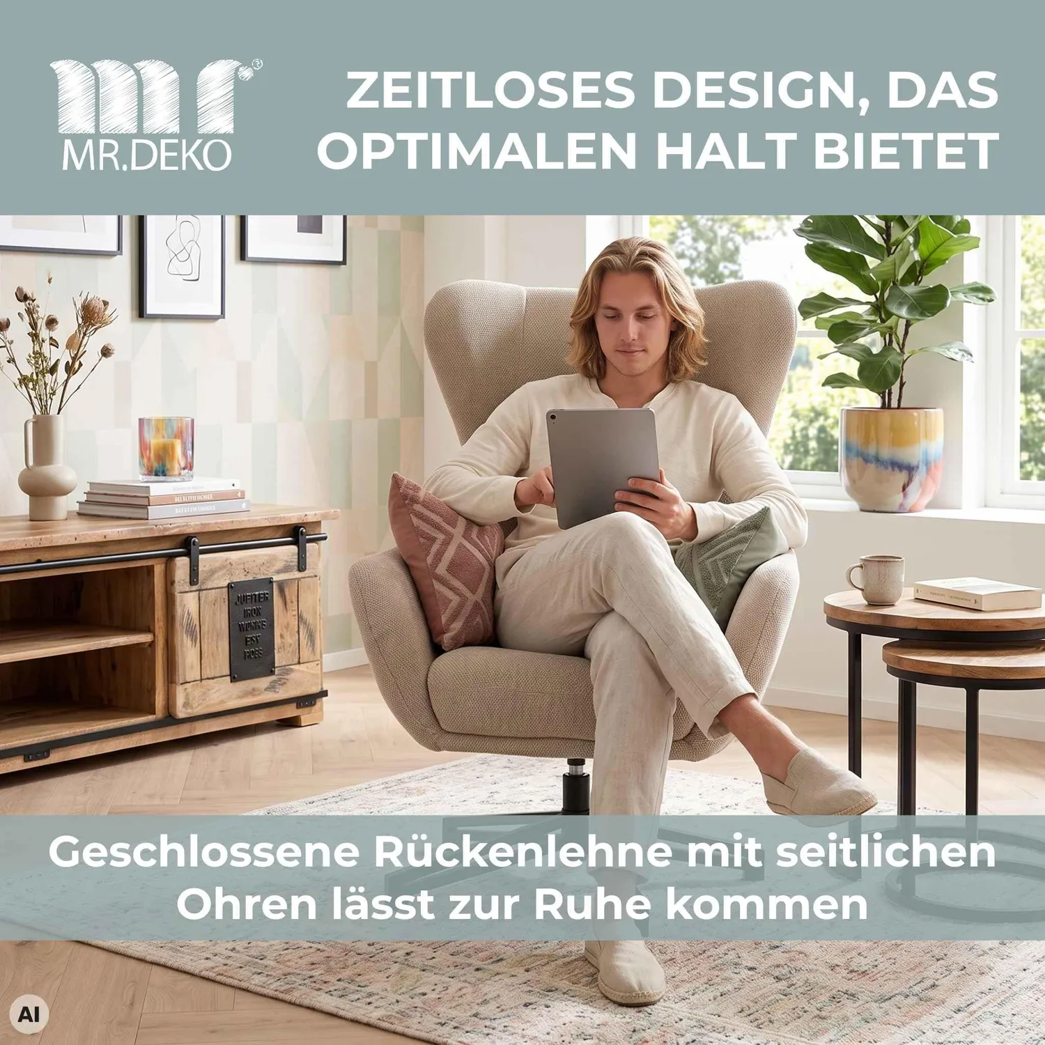 MR.DEKO Marconia Relaxsessel beige drehbar Ohrensessel 75x80x109