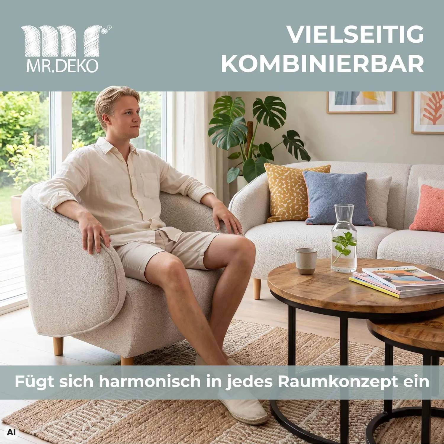 MR.DEKO Relaxsessel mit Armlehnen Polstersessel Massivholz