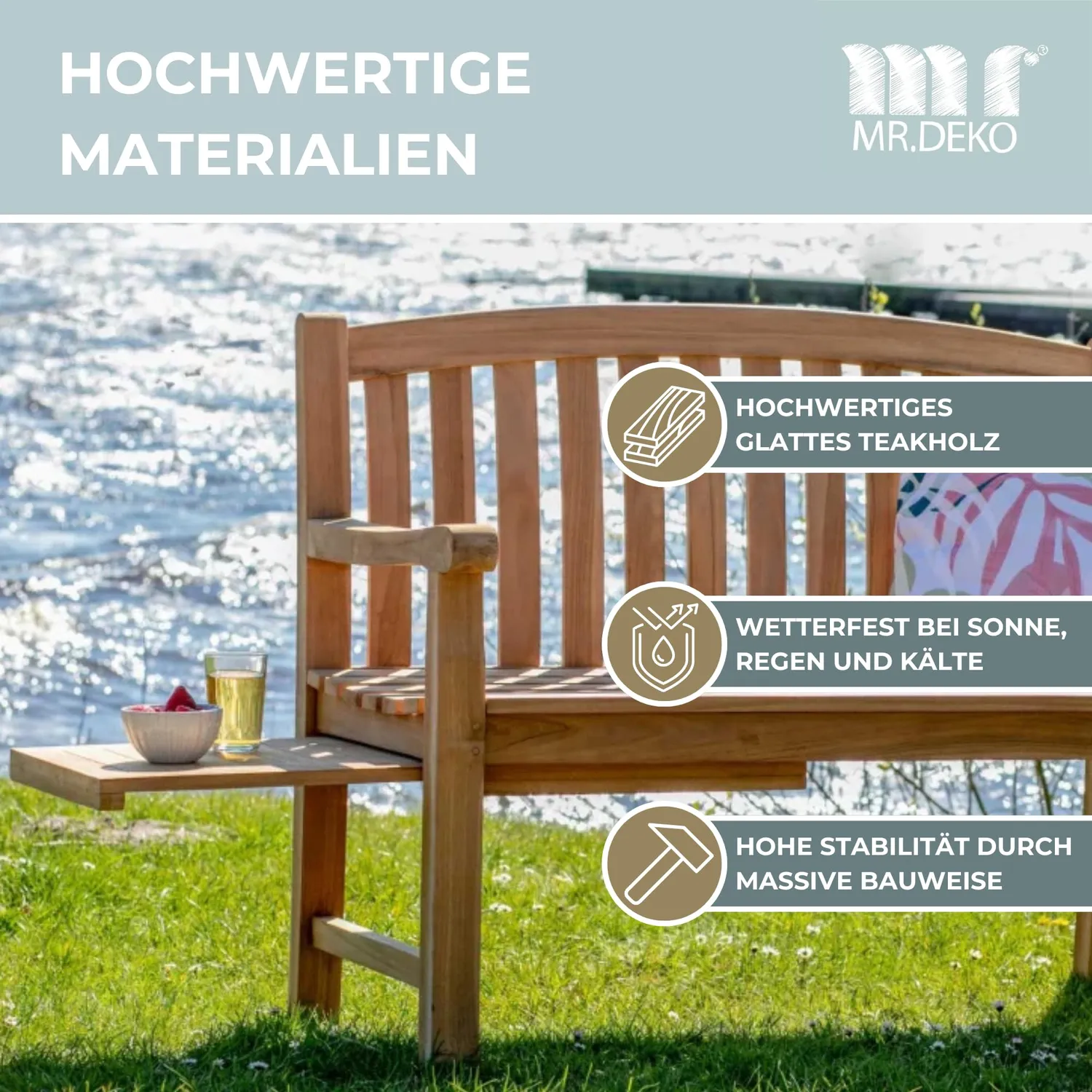 MR.DEKO Lancaster Gartenbank 120 cm Teakholz mit Ablagetisch
