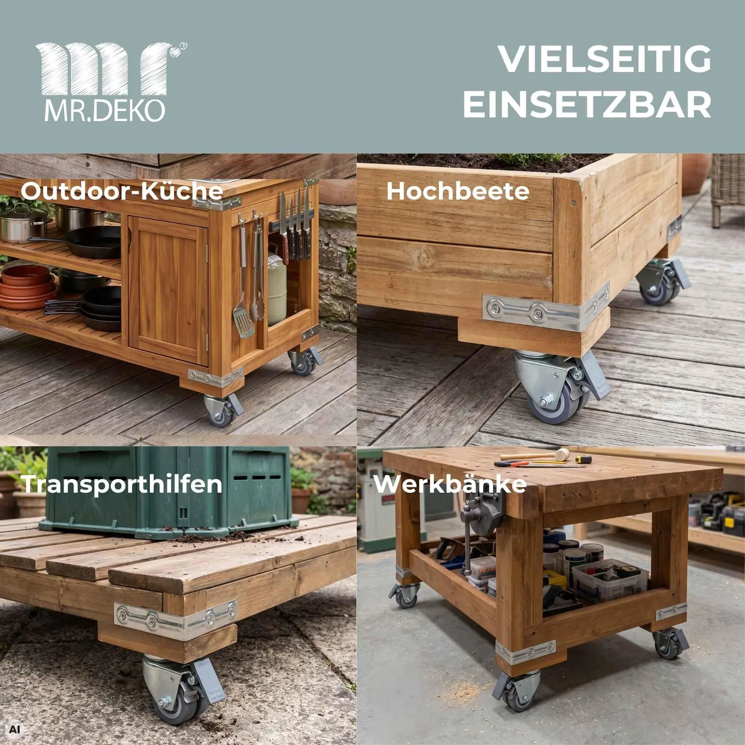 MR.DEKO Strandkorb-Rollen 4er-Set Ø52 mm Schwerlastrollen