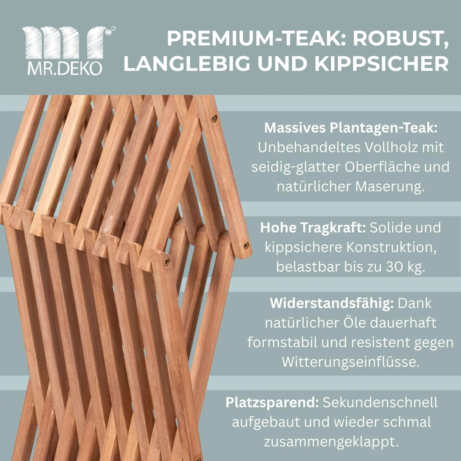 MR.DEKO Fishbone Beistelltisch klappbar 40 cm Teakholz