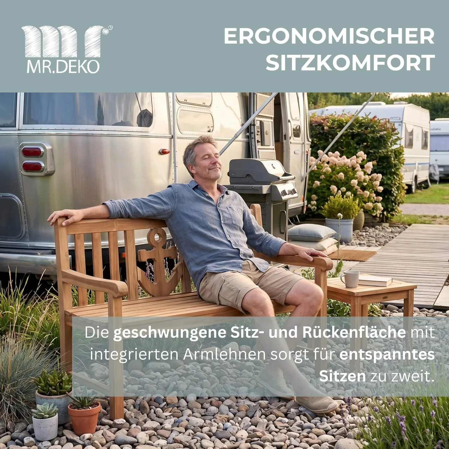 MR.DEKO Motiv Anker Gartenbank 120 cm Teakholz wetterfest