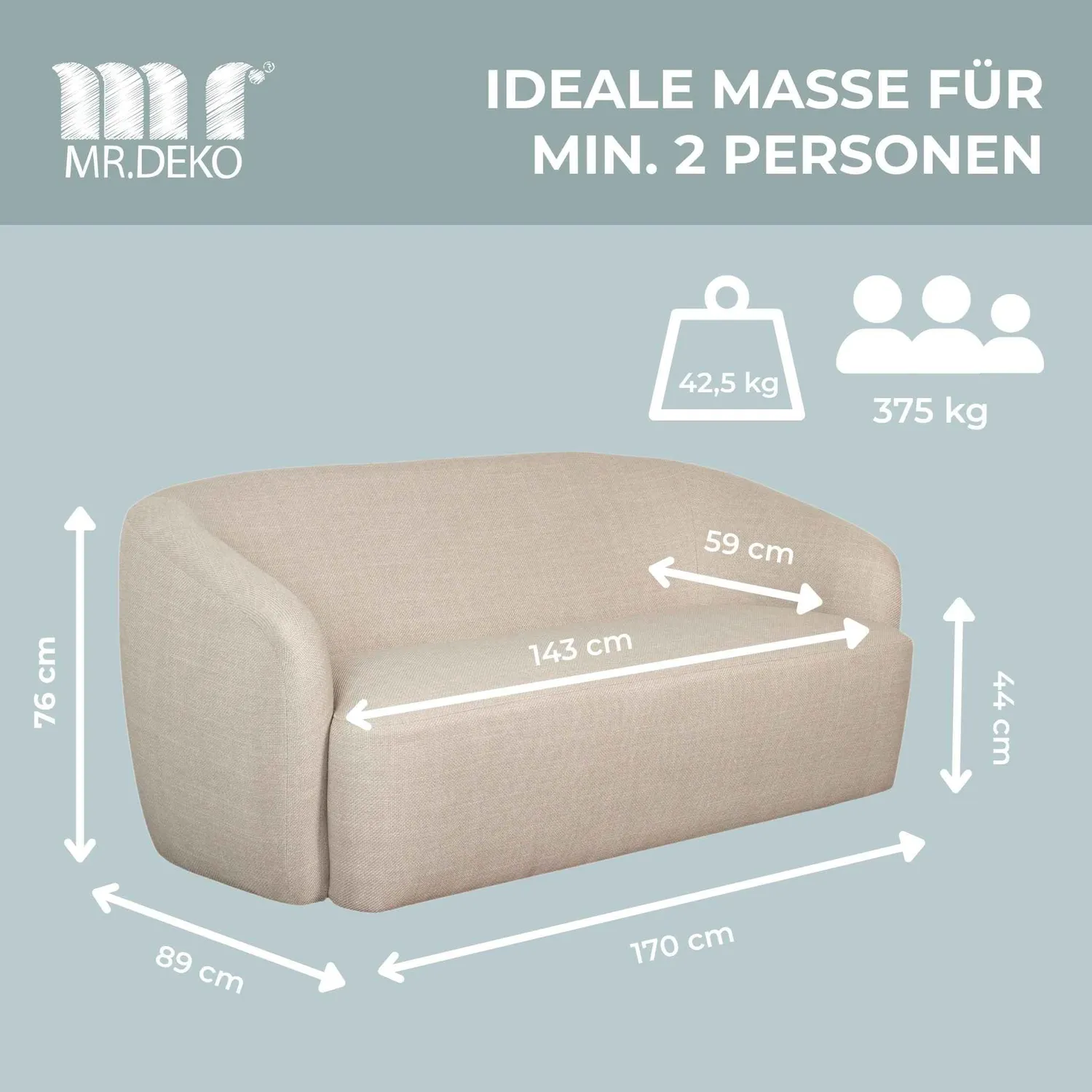 MR.DEKO Loconia Sofa Beige 170cm 2,5-Sitzer Stoff