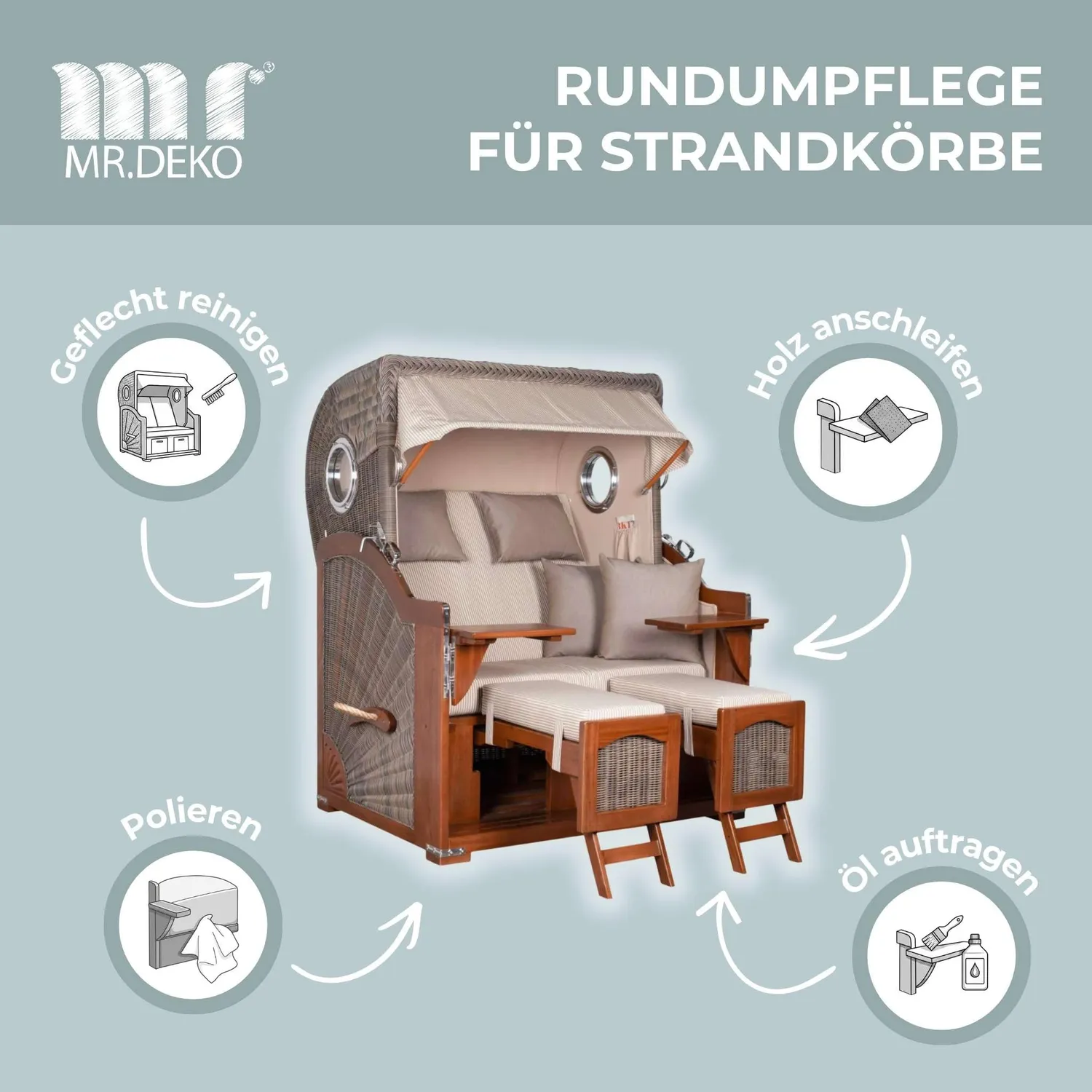 MR.DEKO Strandkorb Pflege-Set Universal 500 ml Holzöl und Reiniger