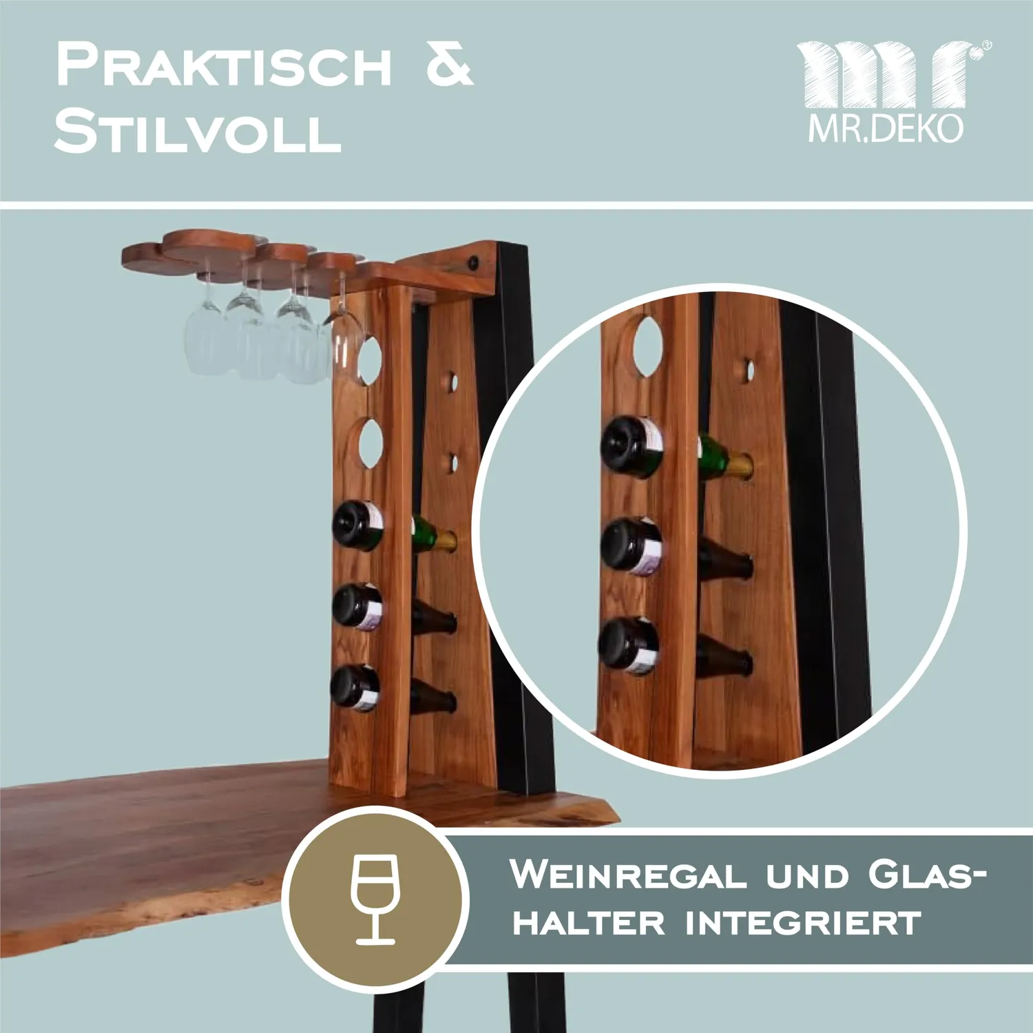 MR.DEKO Capua Bartisch-Set 5-teilig Mangoholz mit Weinregal