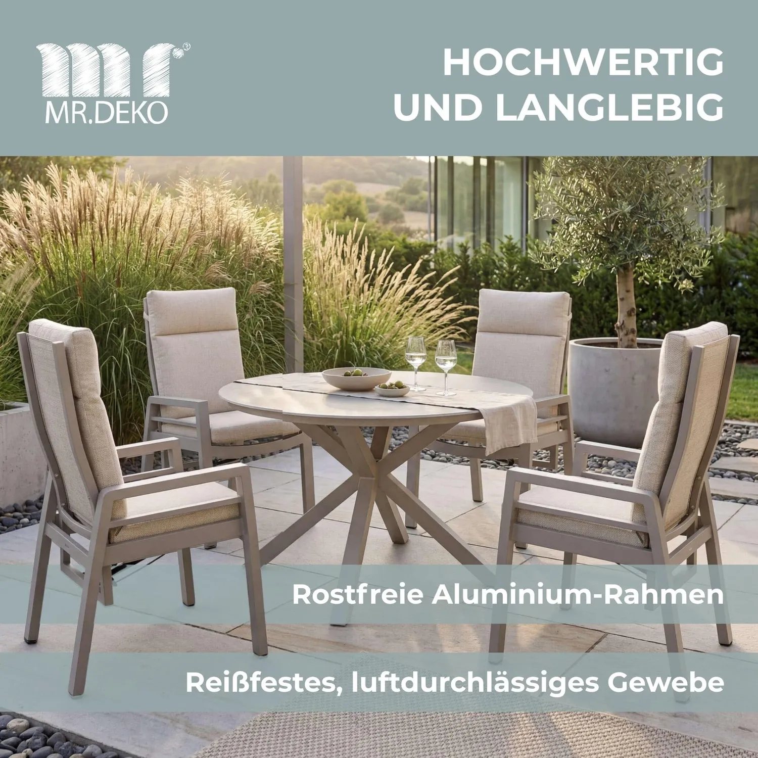 MR.DEKO Sevilla Gartenstuhl Hochlehner 2er Set Beige Ivory