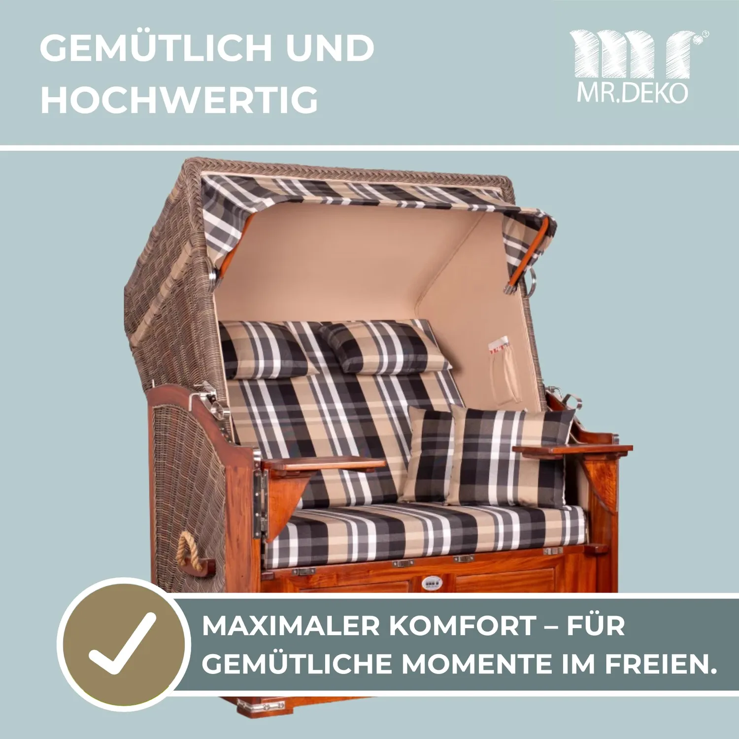 MR.DEKO Seeblick Mahagoni Strandkorb 2-Sitzer Dessin 583 Volllieger
