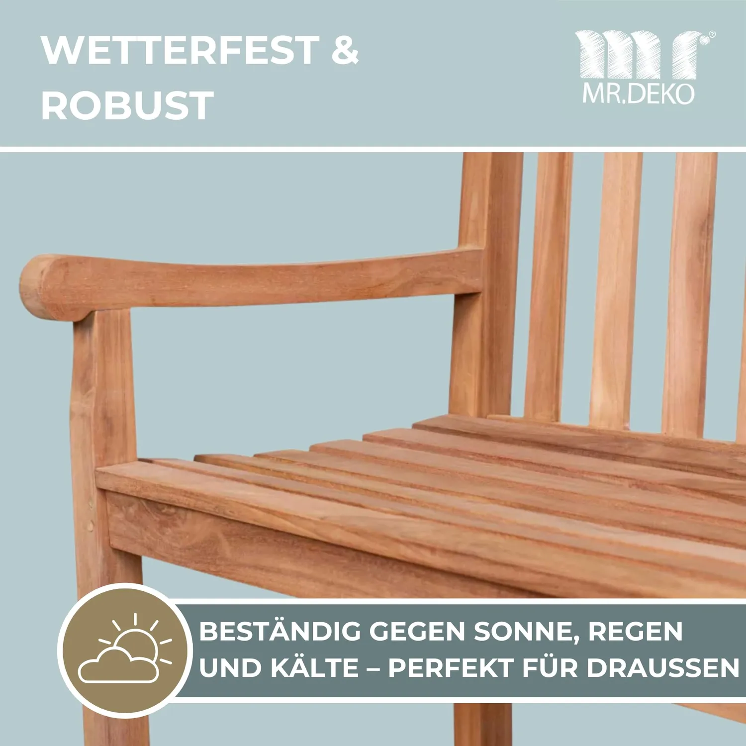 MR.DEKO Hirsch Gartenbank Teak 120cm Motiv Hirsch