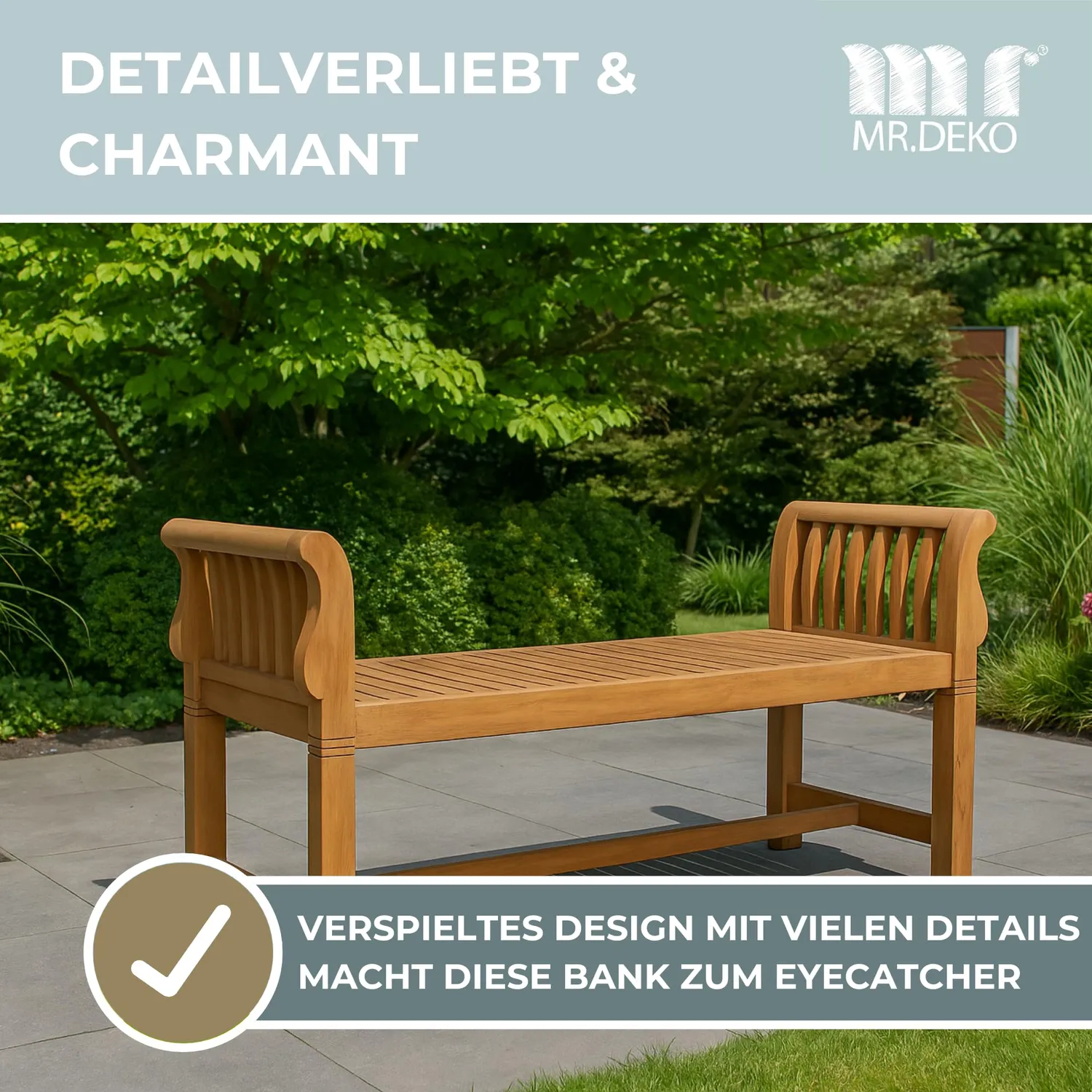 MR.DEKO Wigan Gartenbank 2-Sitzer 130 cm Teak wetterfest