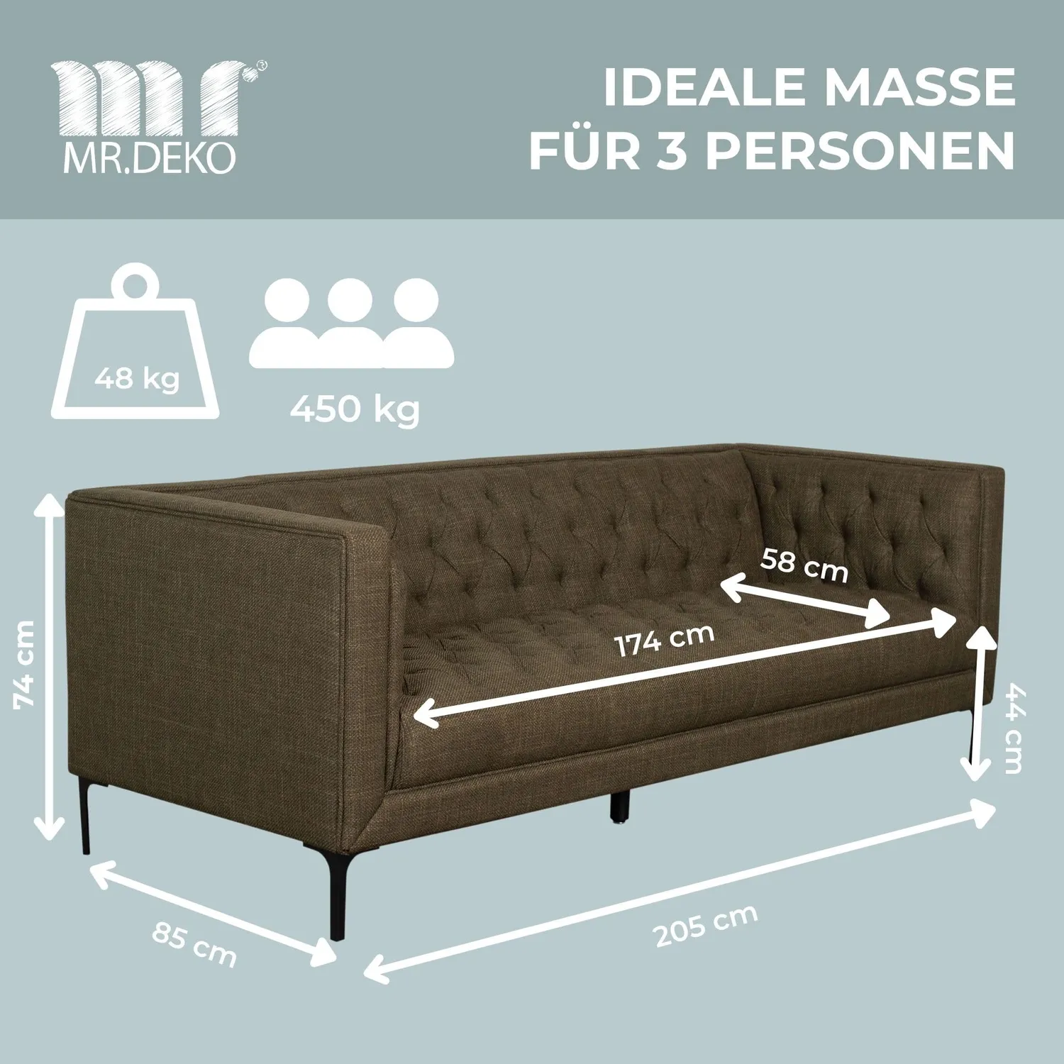 MR.DEKO Troia Lounge Sofa 3-Sitzer Grün mit Steppung