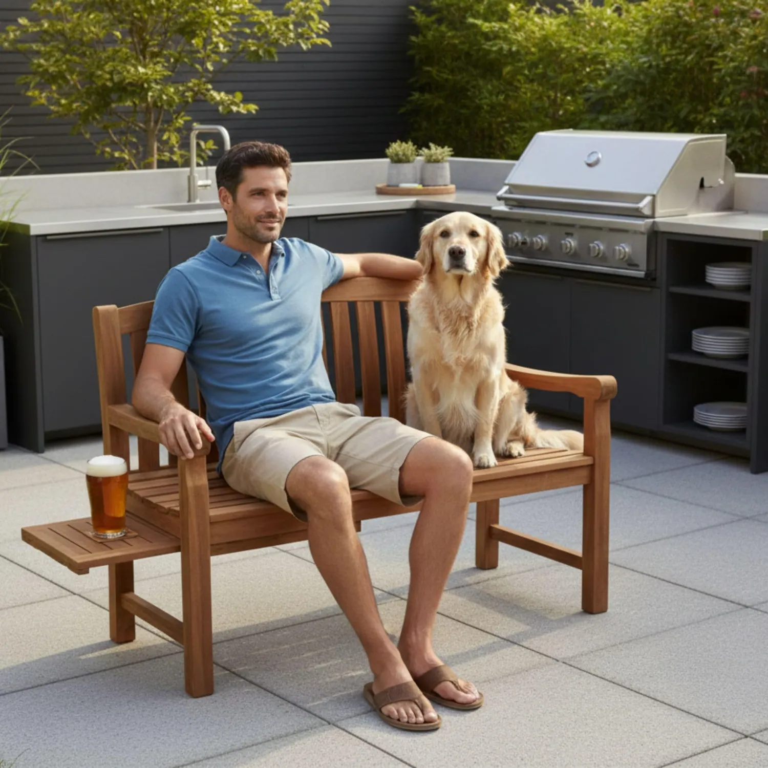 MR.DEKO Lancaster Gartenbank 120 cm Teakholz mit Ablagetisch