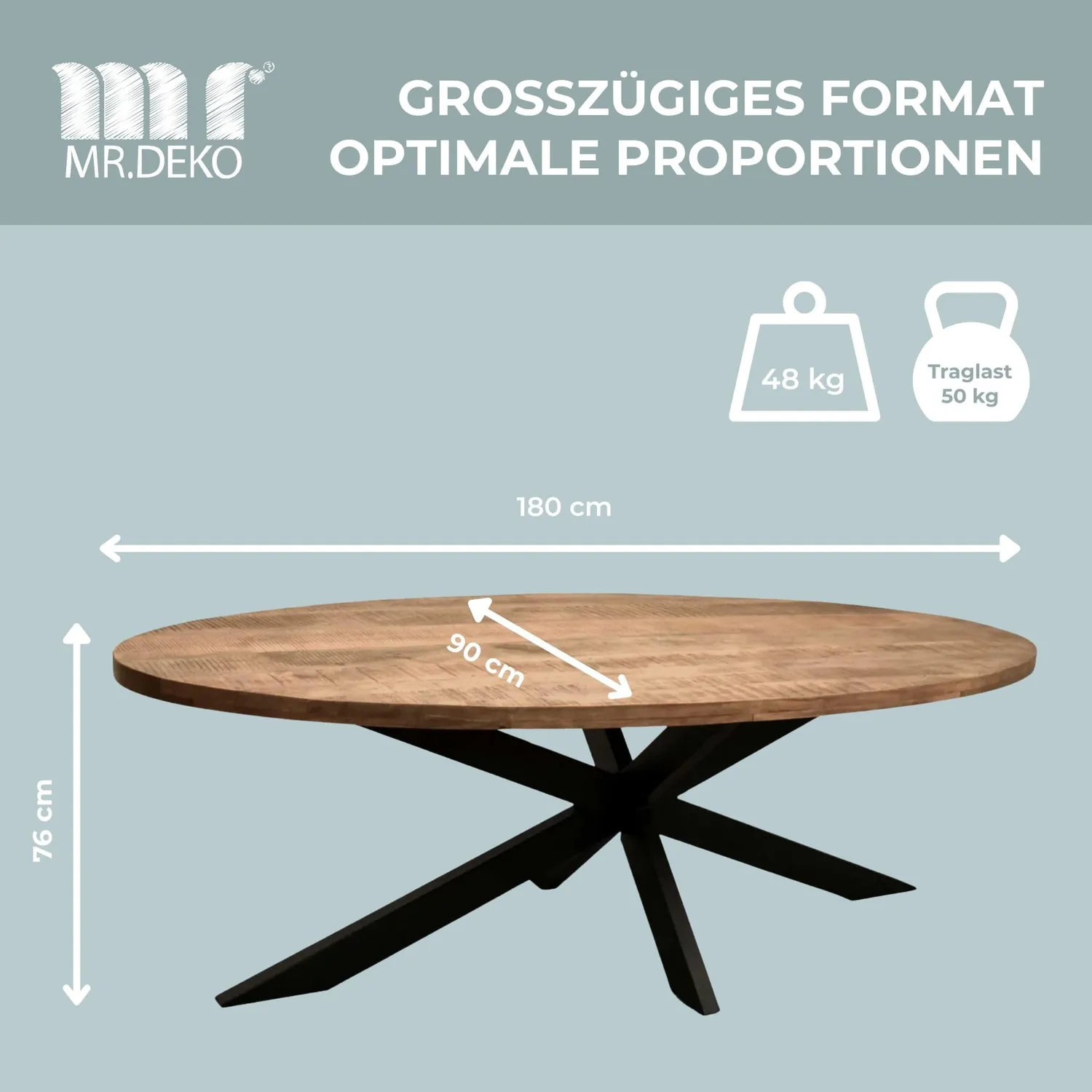 MR.DEKO Avola Oval 180x90 Esstisch Mango Massivholz