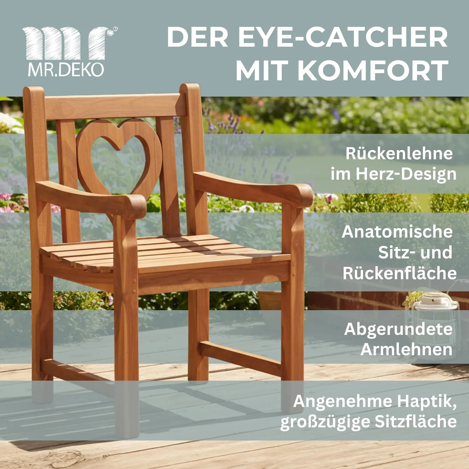 MR.DEKO Herz Gartensessel Teakholz 60x60x91