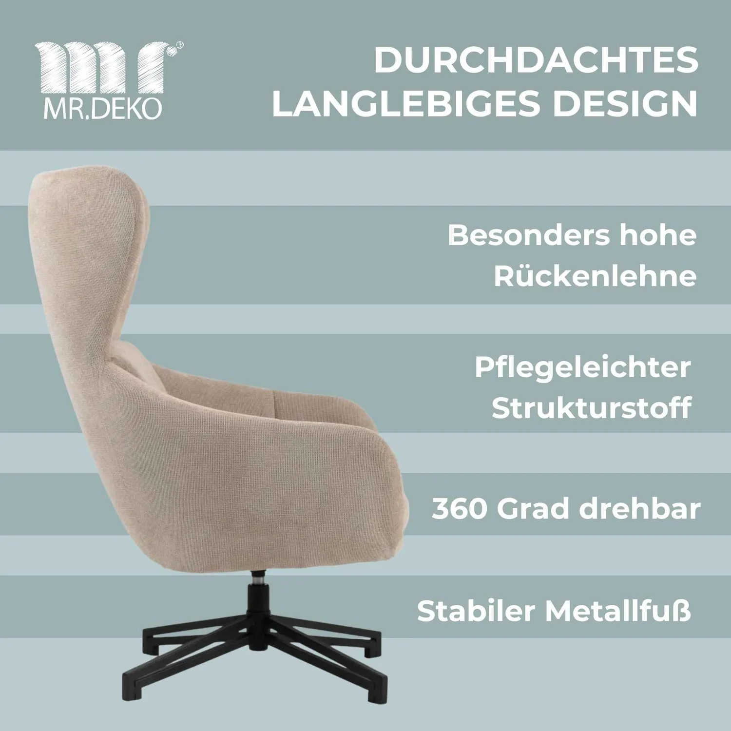 MR.DEKO Marconia Relaxsessel beige drehbar Ohrensessel 75x80x109