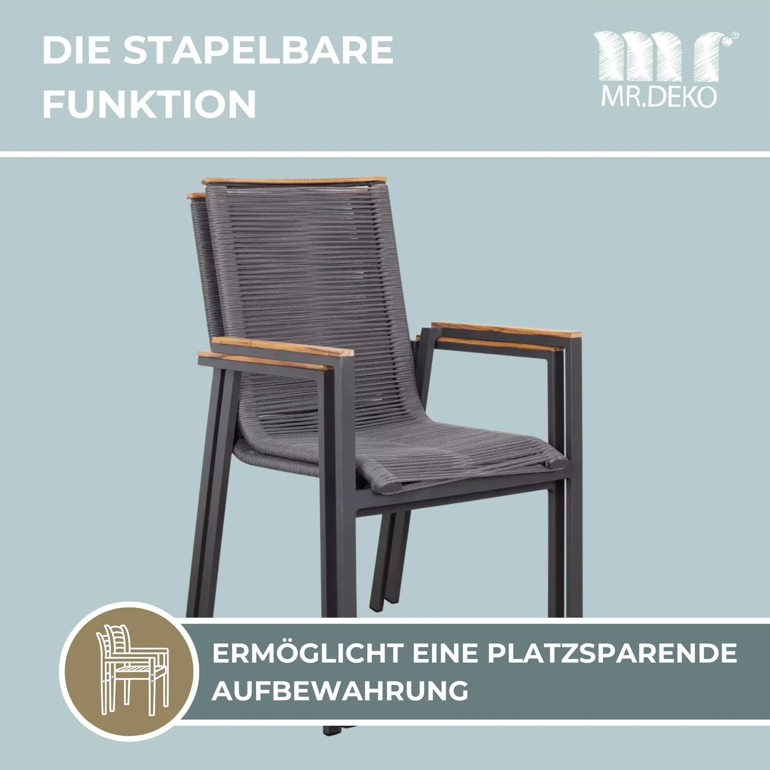 MR.DEKO Gartenstühle 2er-Set Rope Grau mit Teakarmlehnen