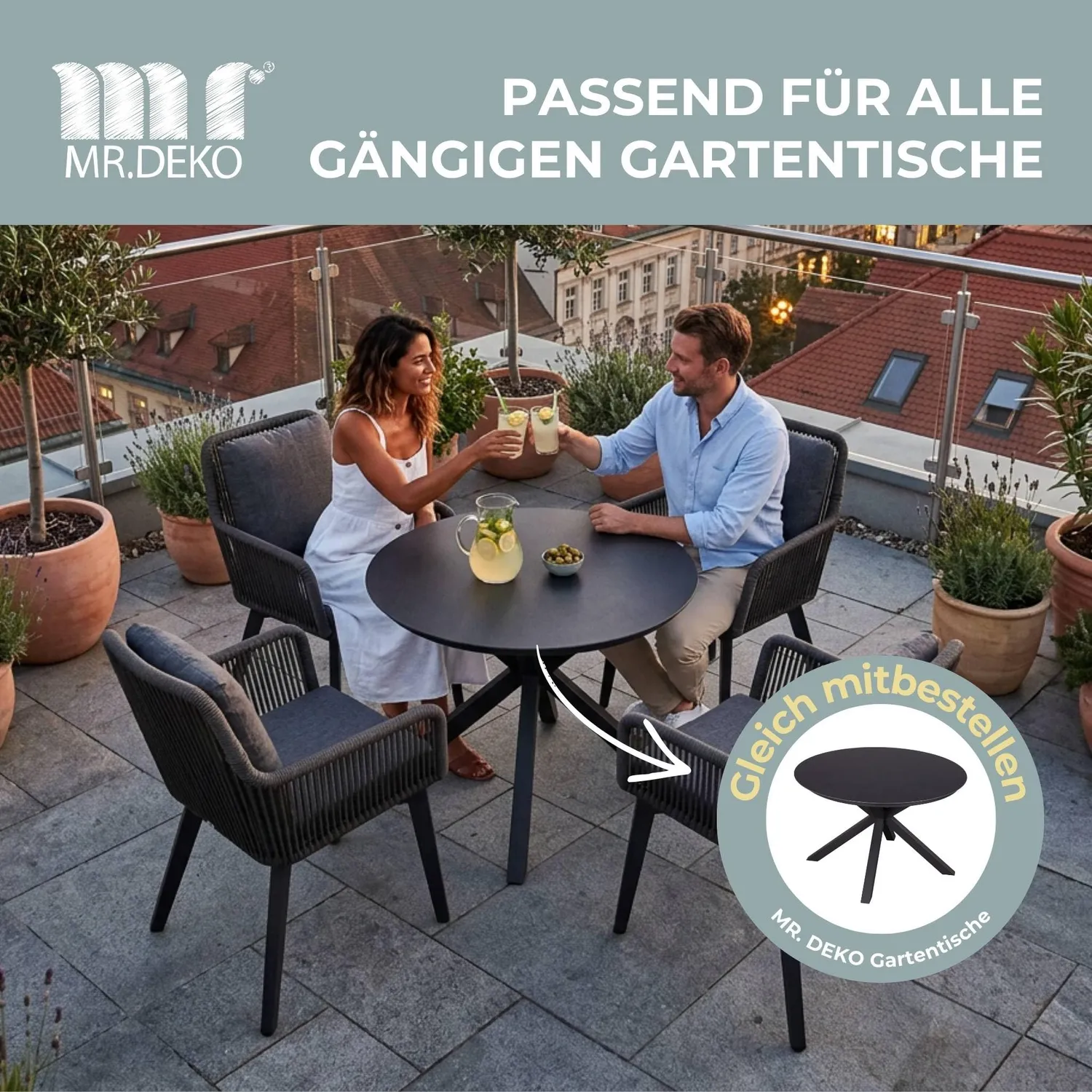 MR.DEKO Marbella Diningstuhl Aluminium Rope Grau mit Kissen