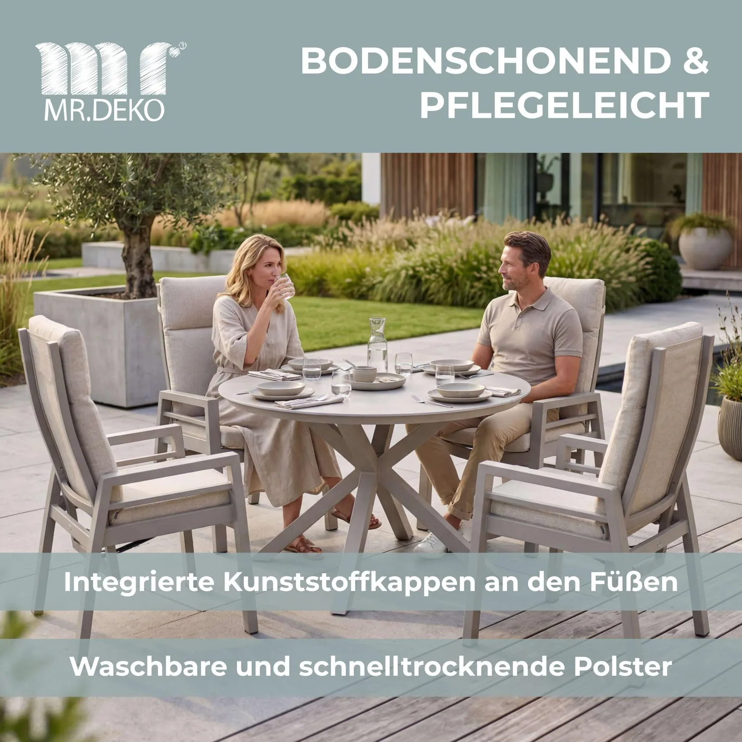MR.DEKO Sevilla Gartenstuhl Hochlehner 2er Set Beige Ivory