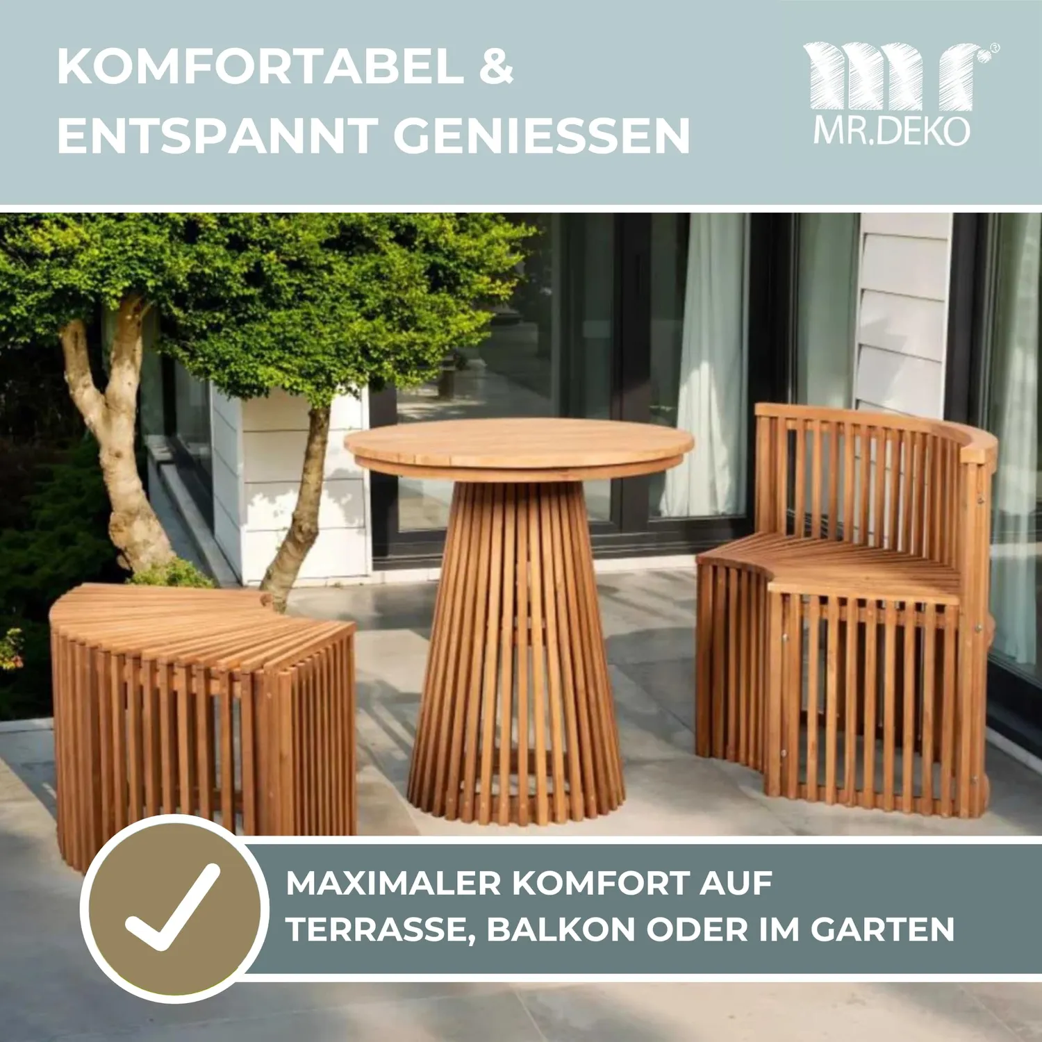 MR.DEKO Henfield Sitzgarnitur Teak 3-teilig mit 2 Bänken