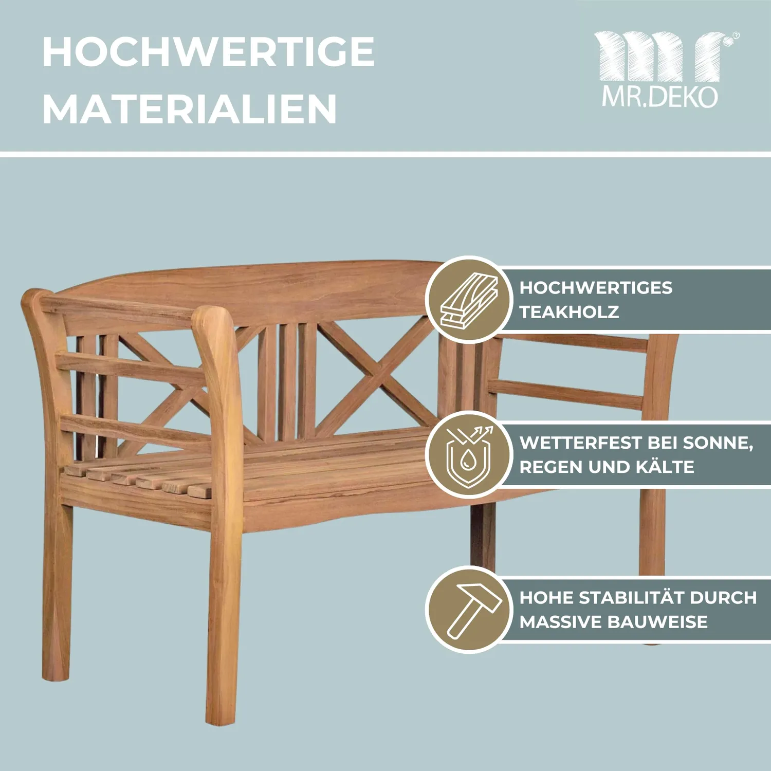 MR.DEKO Föhr Gartenbank 130 cm Teak Holzbank wetterfest