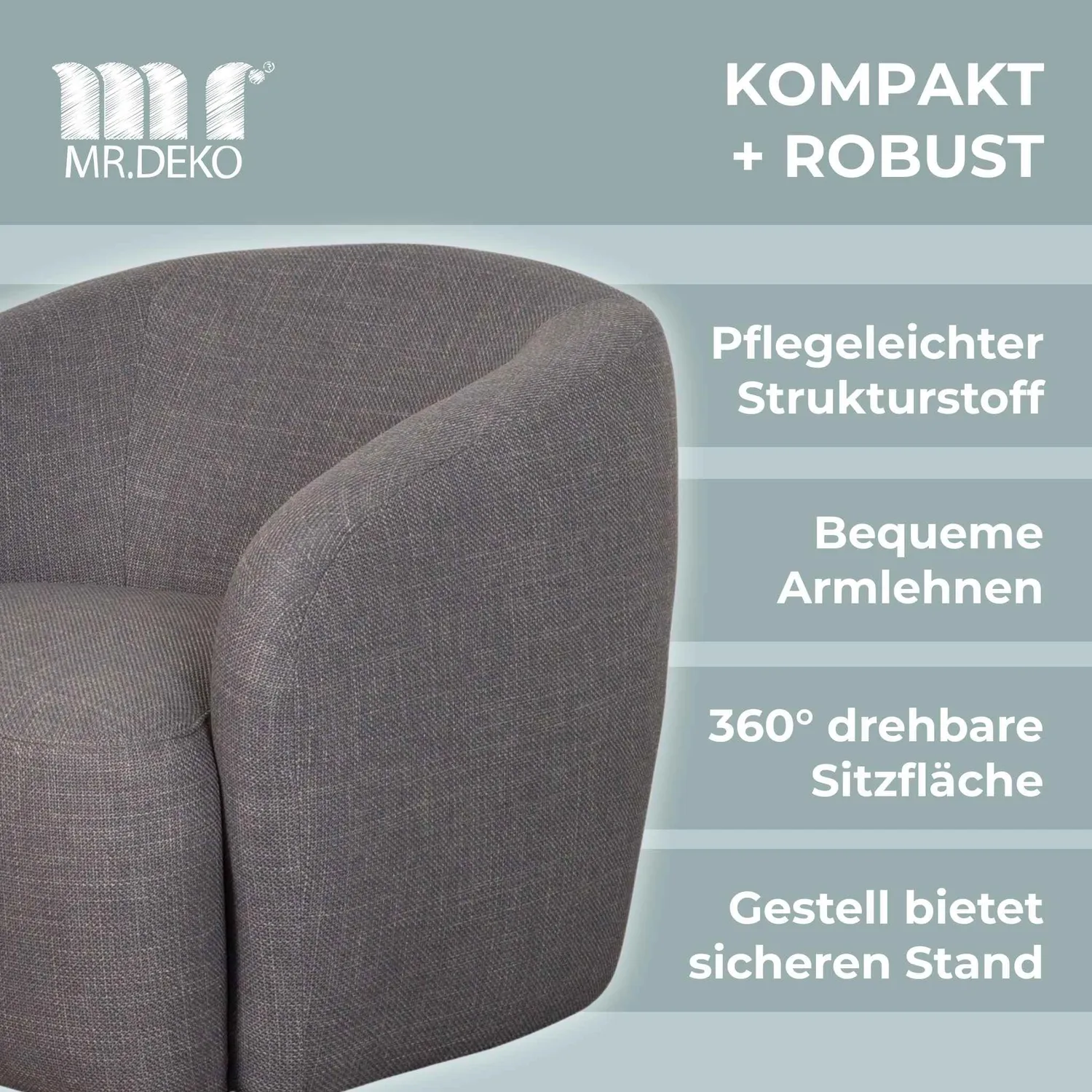 MR.DEKO Loconia Loungesessel Grau Drehbar 360° Stoff