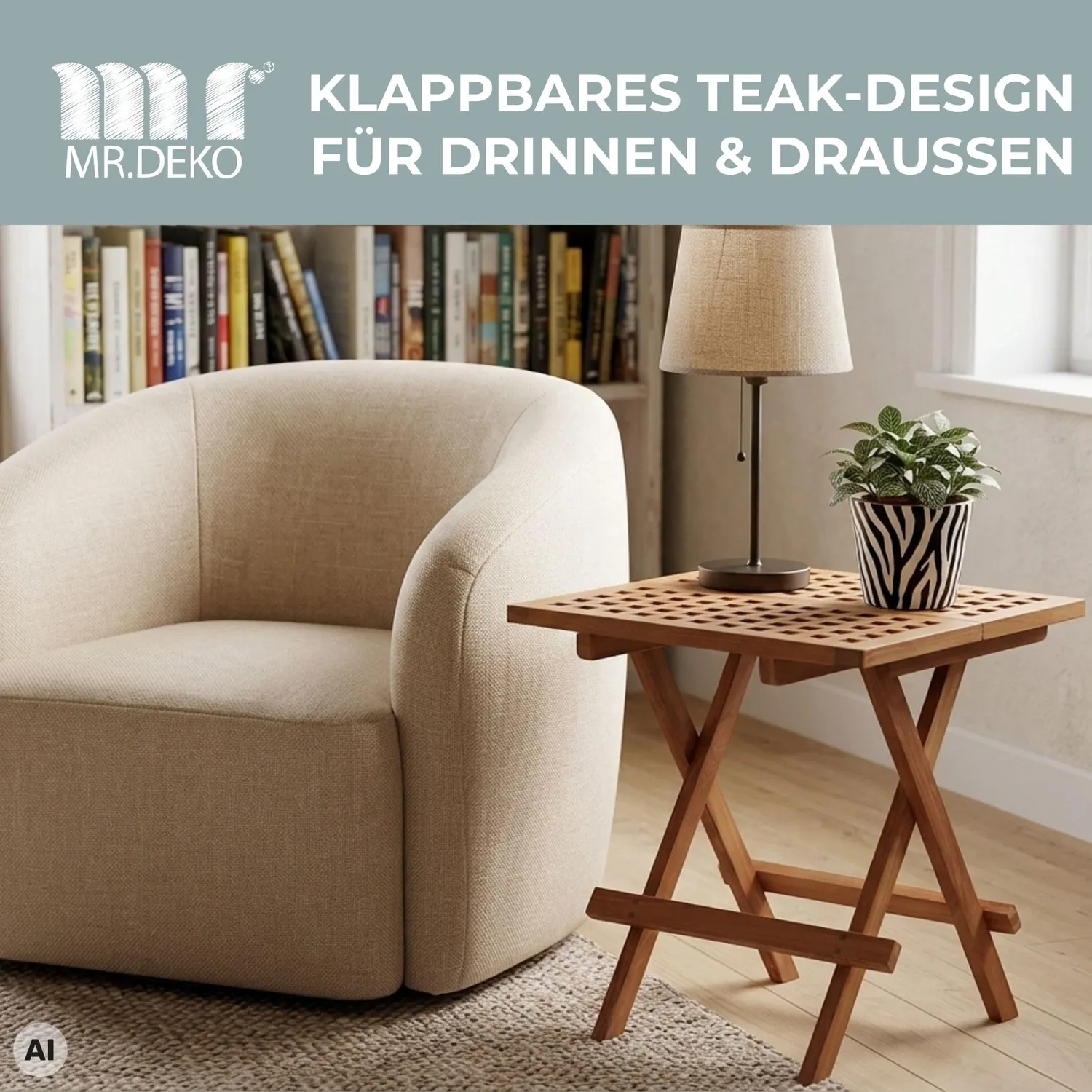 MR.DEKO Devon Beistelltisch klappbar Teak 50 × 50 cm wetterfest