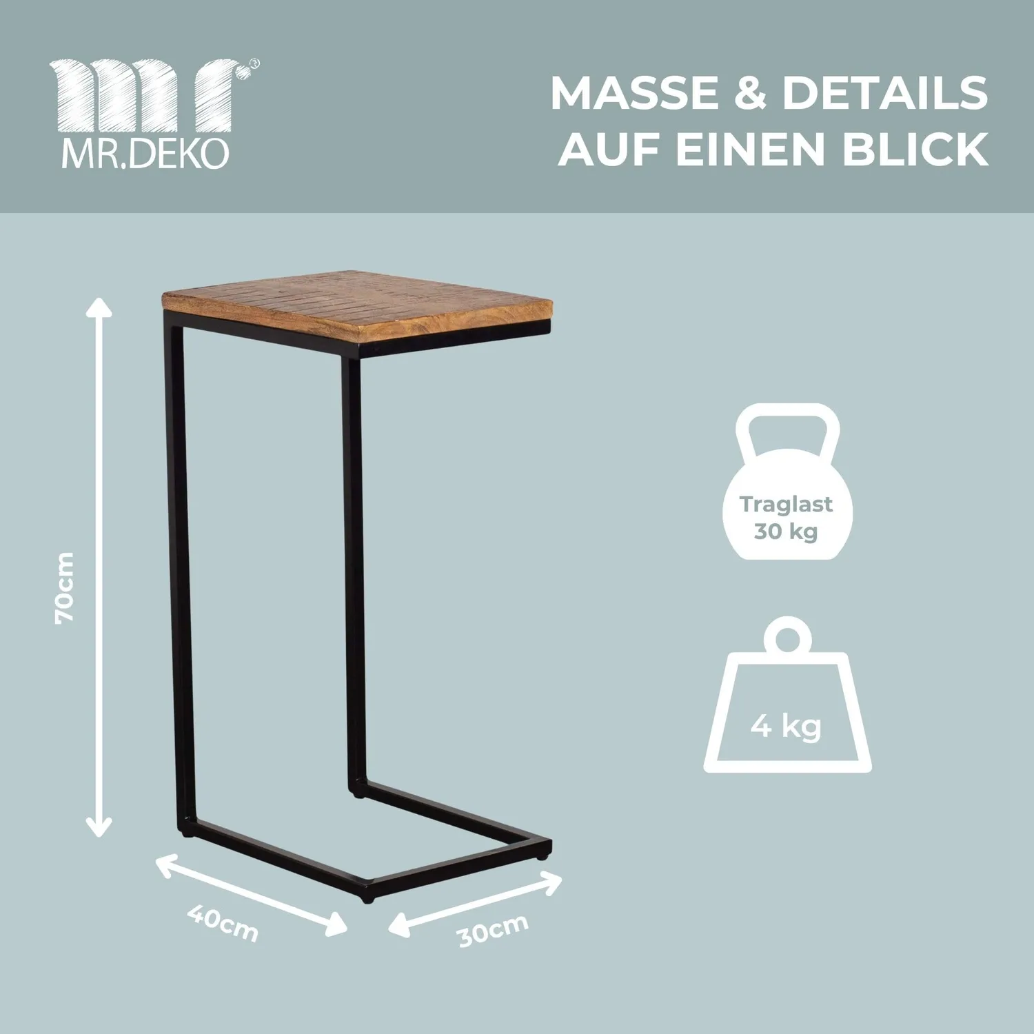 MR.DEKO Materos Beistelltisch 40x30x70 cm Mangoholz C-Design