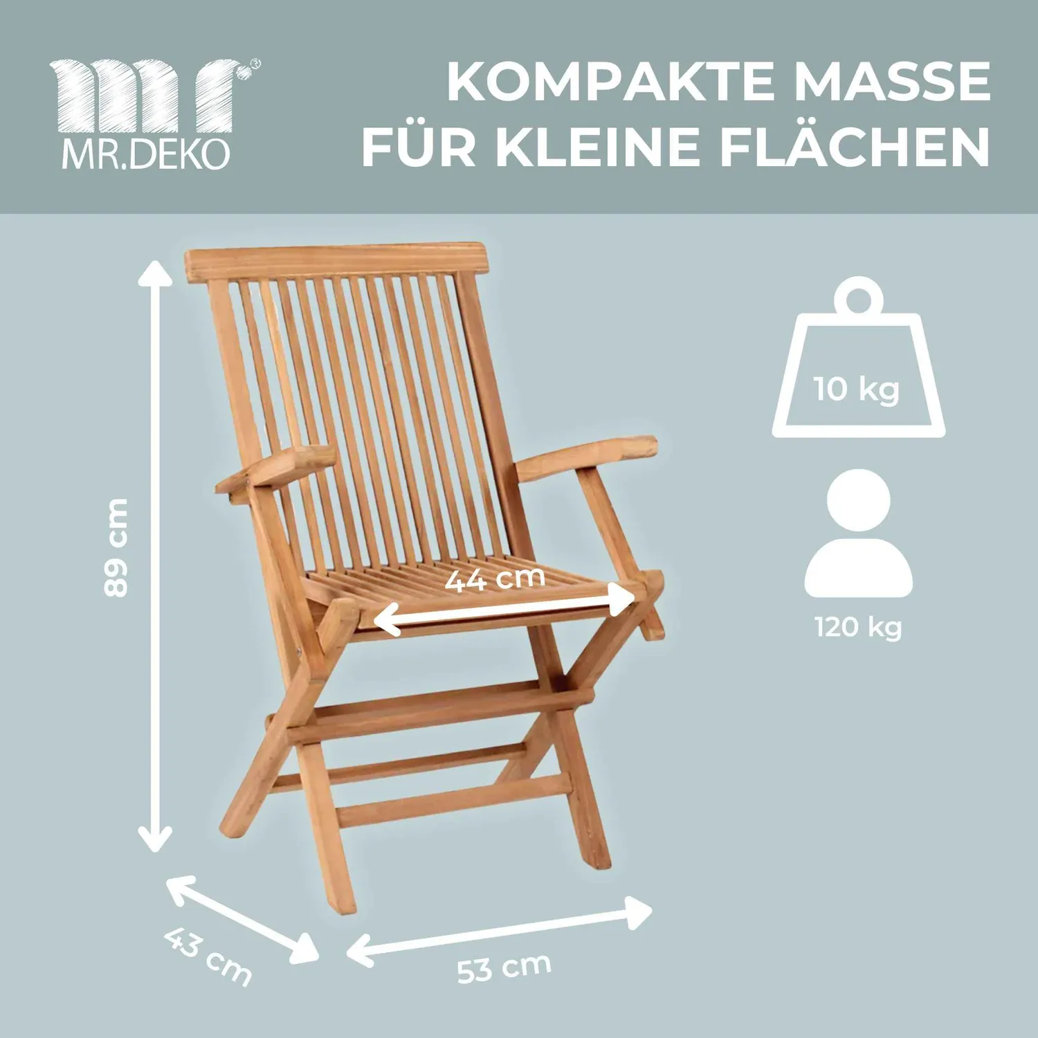 MR.DEKO Andover Klappstuhl Hochlehner Teakholz mit Armlehnen