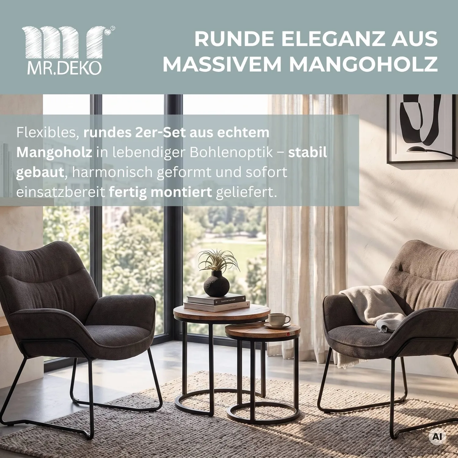 MR.DEKO Fermo Couchtisch 2er Set Mangoholz Natur rund