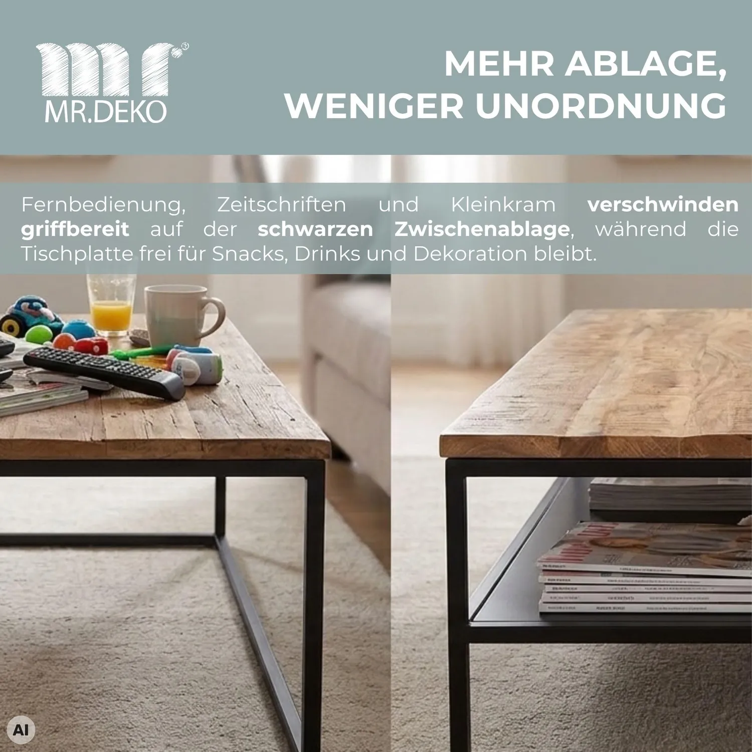 MR.DEKO Sicilia Couchtisch 110x60 cm Natur mit Ablage