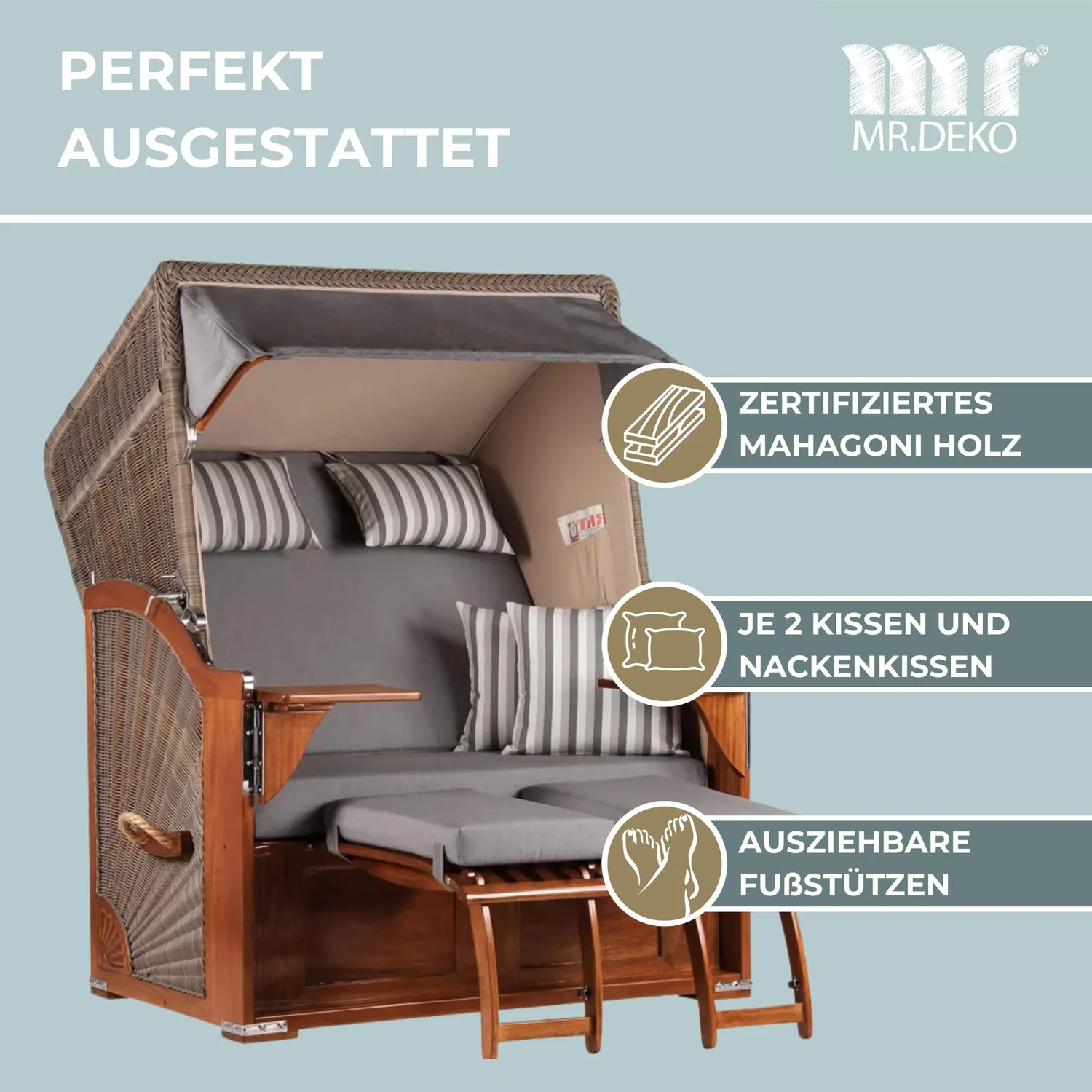 MR.DEKO Seeblick Strandkorb 2-Sitzer Dessin 544 Mahagoni Volllieger