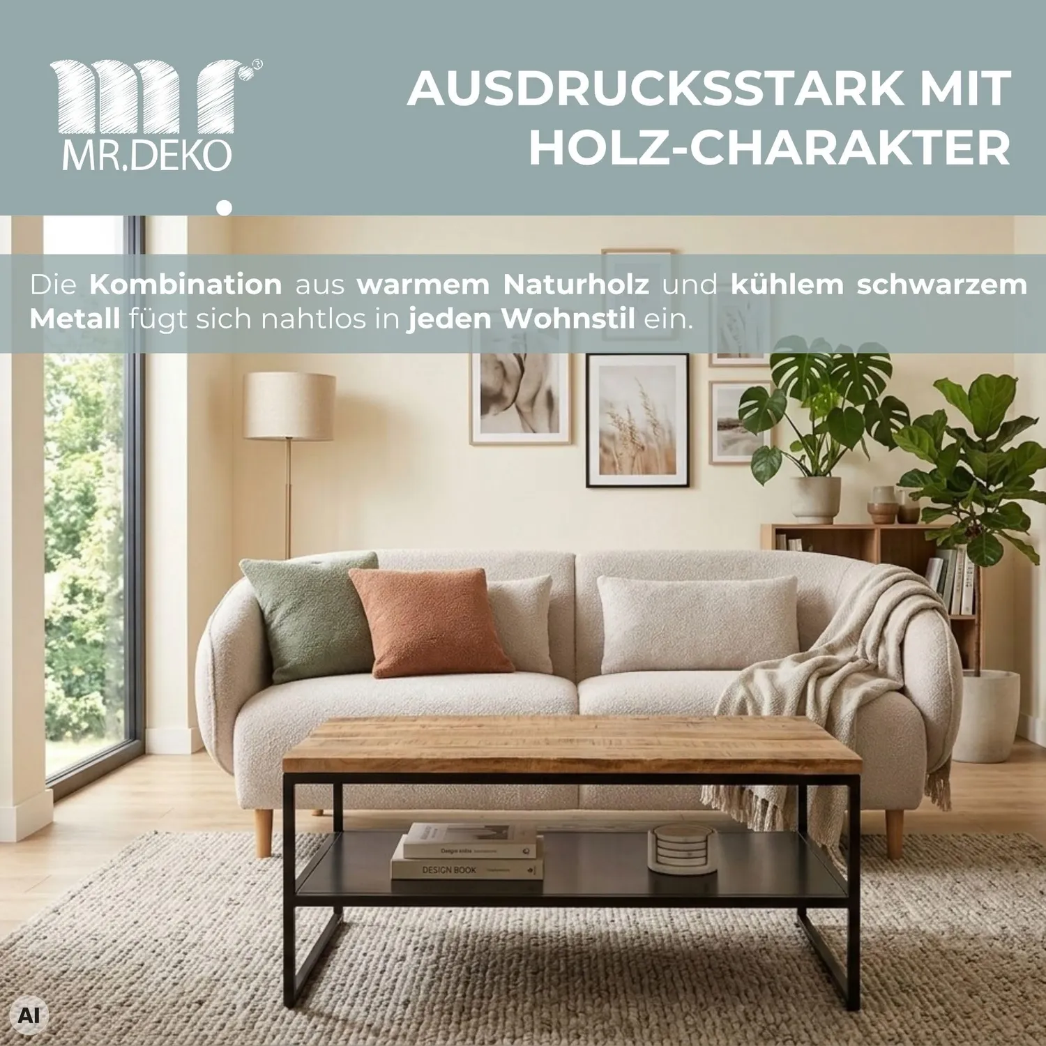 MR.DEKO Sicilia Couchtisch 110x60 cm Natur mit Ablage