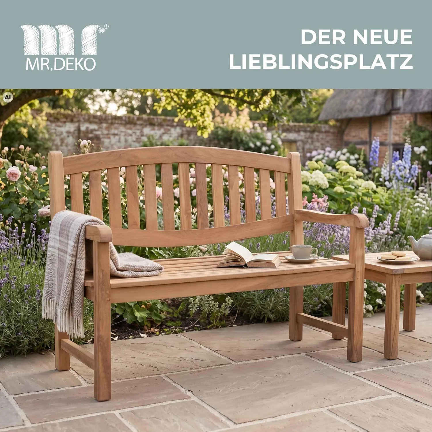 MR.DEKO Bradford Gartenbank 2-Sitzer Teak 120 cm wetterfest