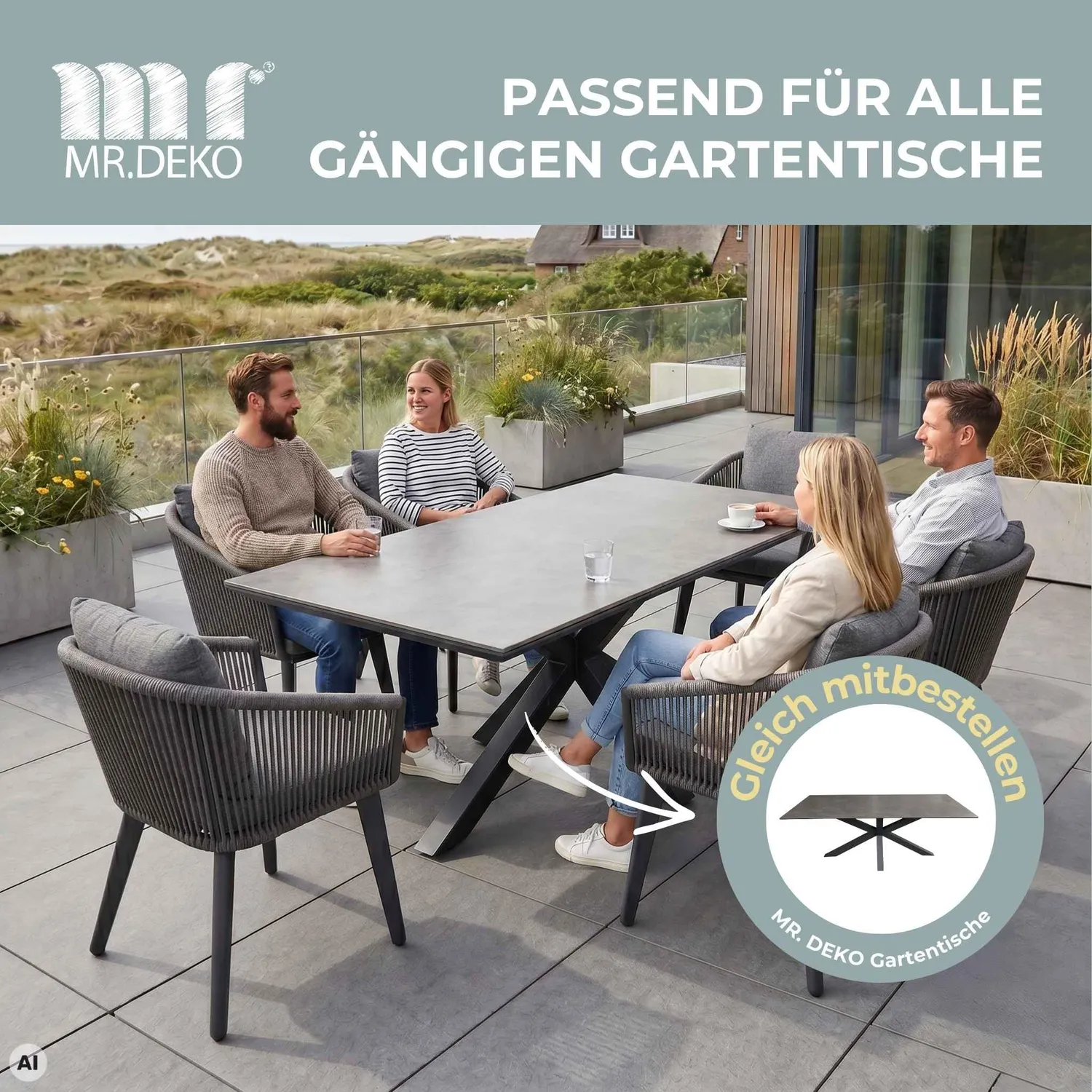MR.DEKO Cadiz Diningsessel 2er-Set Aluminium Rope Grau