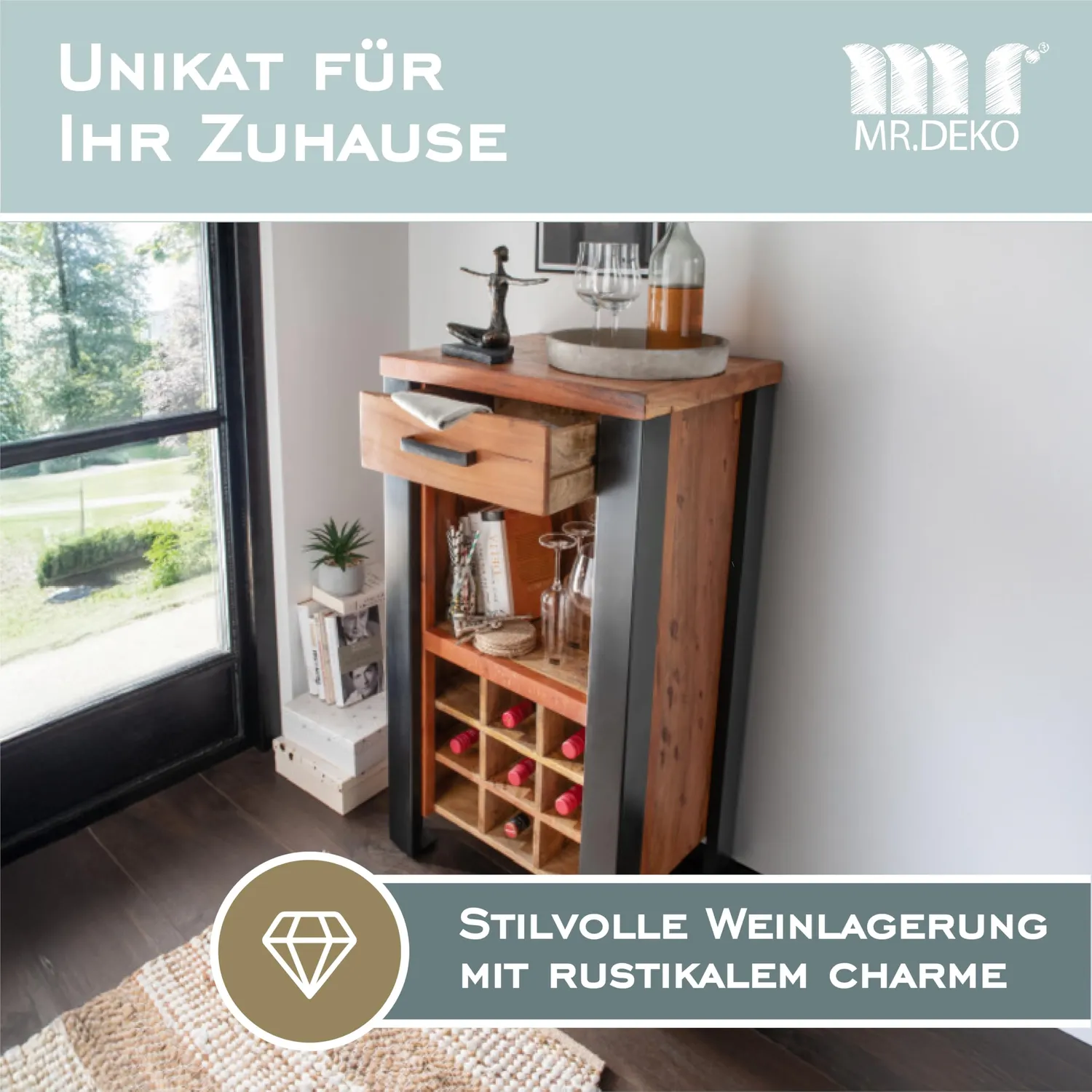 MR.DEKO Venosa Weinschrank 56x45x102 cm Mangoholz