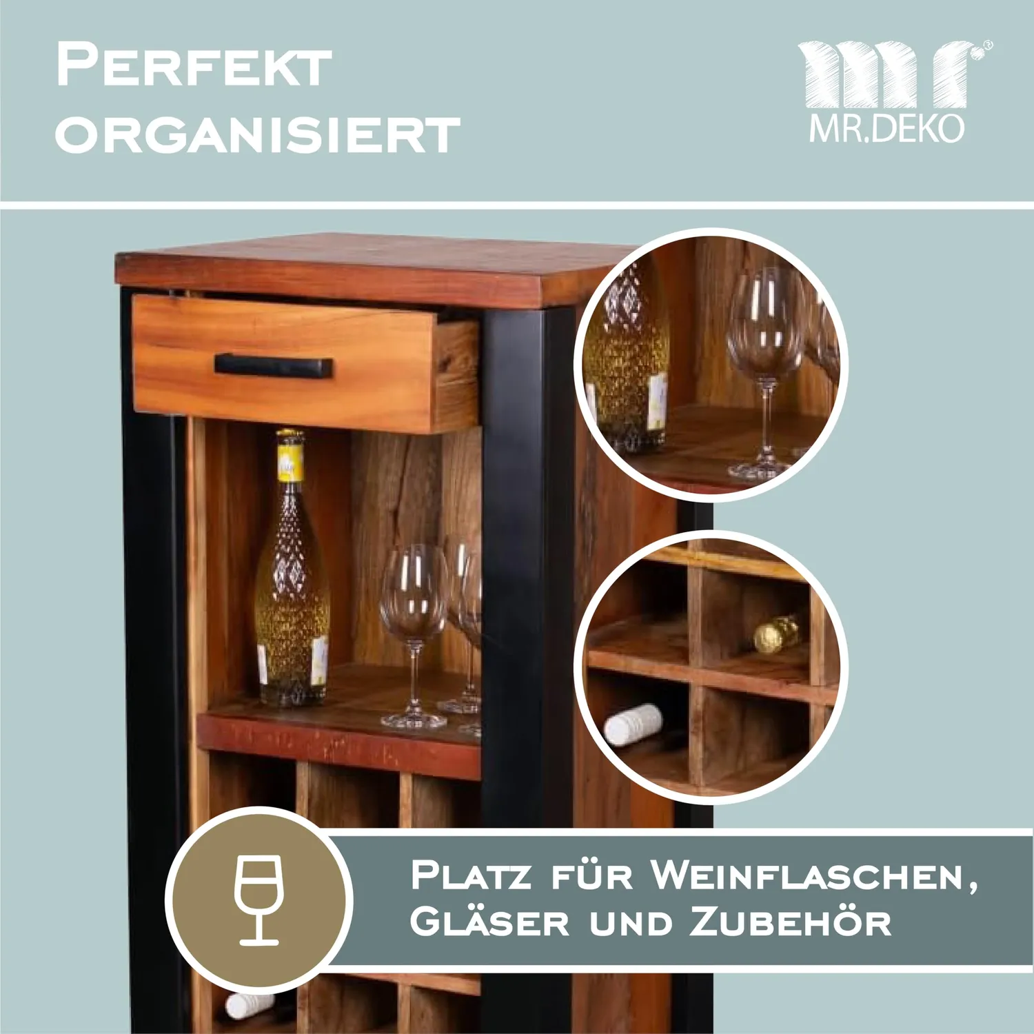 MR.DEKO Venosa Weinschrank 56x45x102 cm Mangoholz