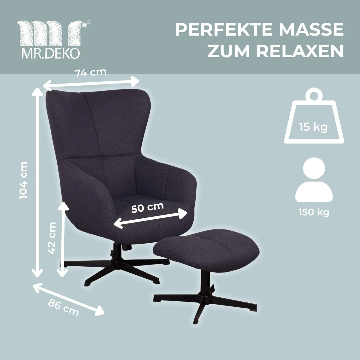 MR.DEKO Sava Ohrensessel mit Hocker blau drehbar kippbar 74x86x104