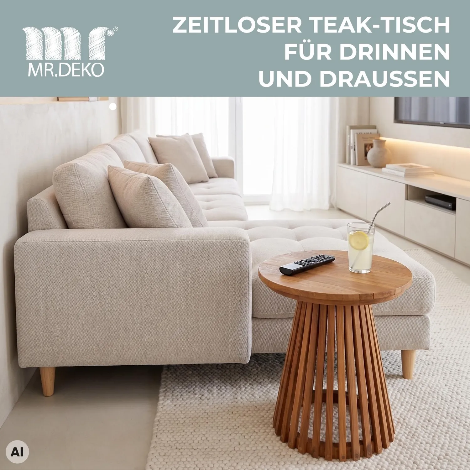 MR.DEKO Bolton Beistelltisch rund Ø 50 cm aus Plantagenteak natur
