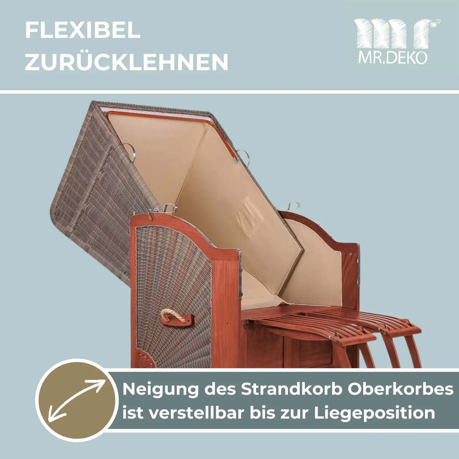 MR.DEKO Seeblick Strandkorb 2-Sitzer Dessin 537 Mahagoni Volllieger