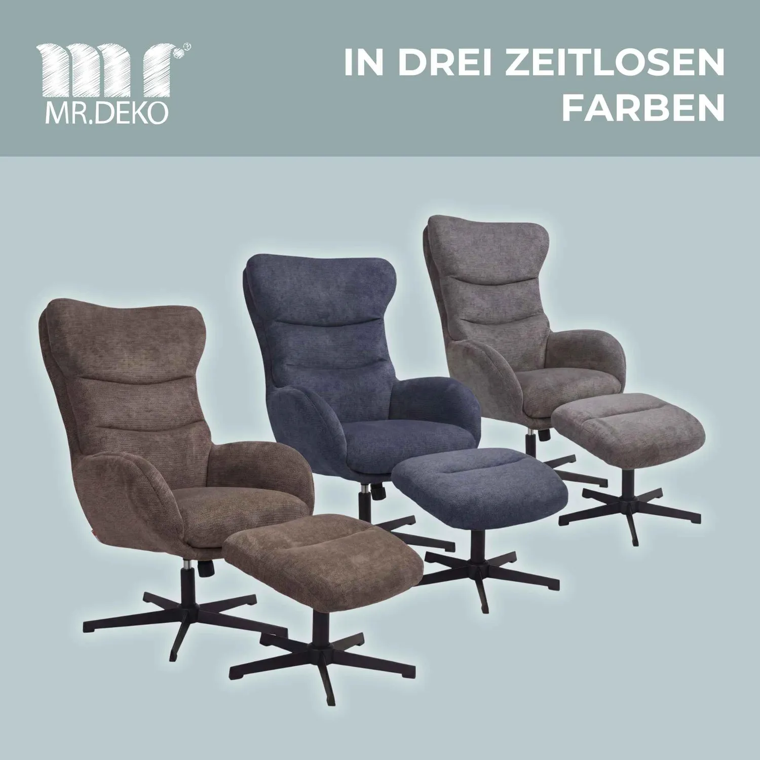 MR.DEKO Lucito Relaxsessel mit Hocker grau 360° drehbar Metallgestell