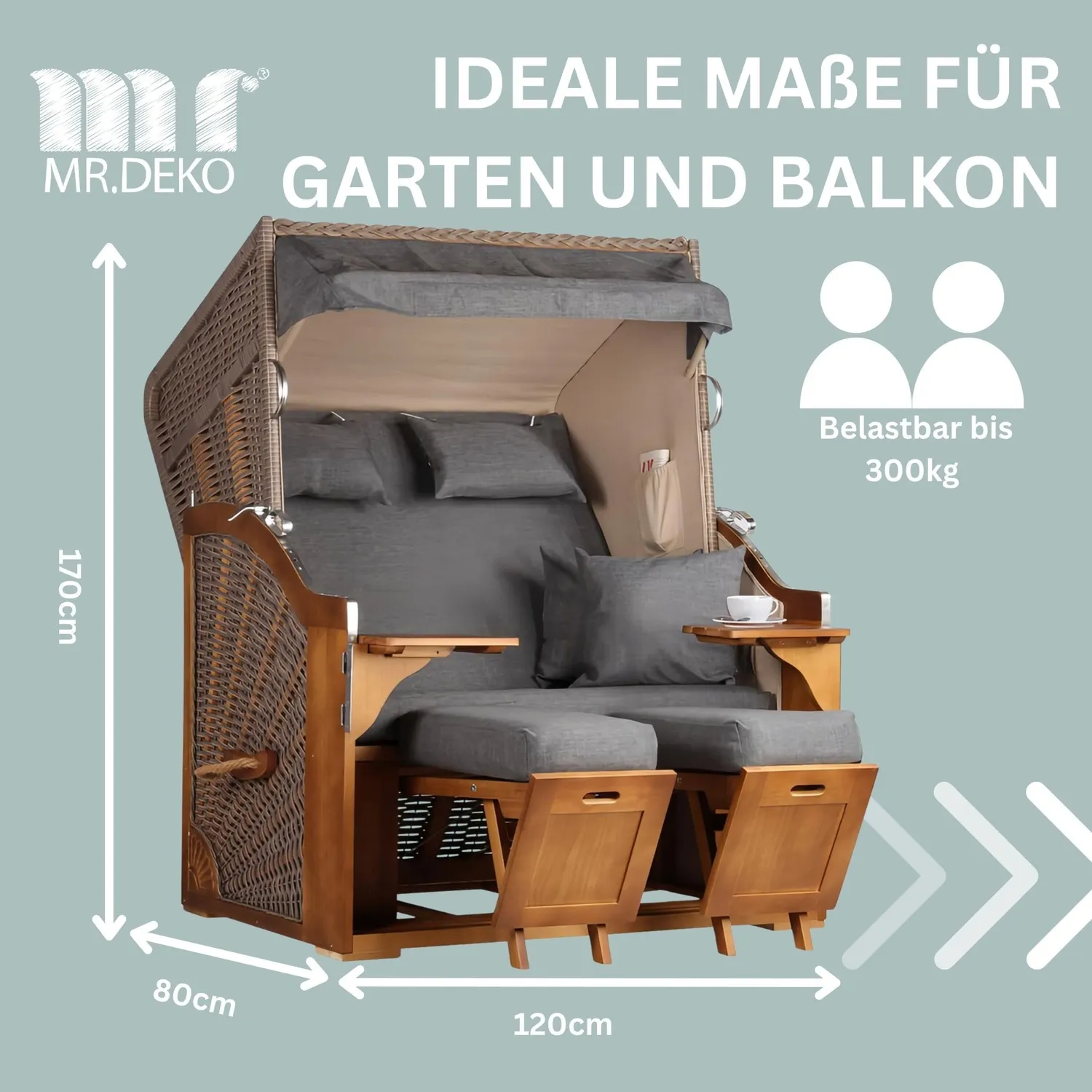 MR.DEKO Schleswig Strandkorb 2-Sitzer Dessin 560 Uni Grau