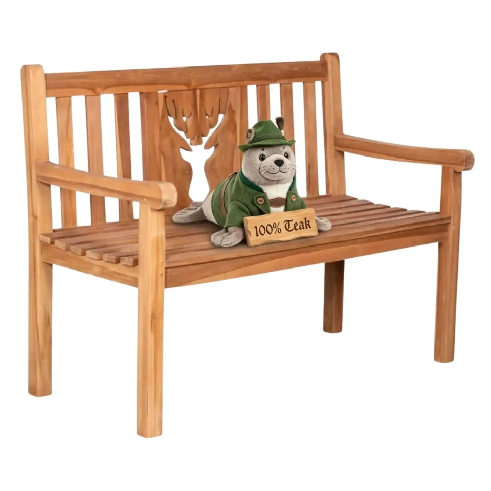 MR.DEKO Hirsch Gartenbank Teak 120cm Motiv Hirsch
