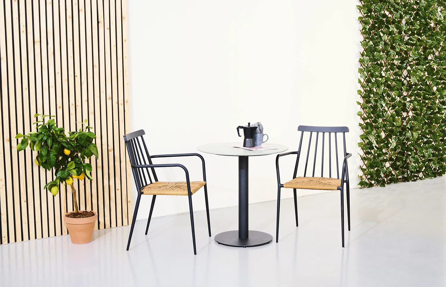 Envy Café-Set Balkonmöbel für 2 Personen Gartentisch Durafit Grau Polyrattan