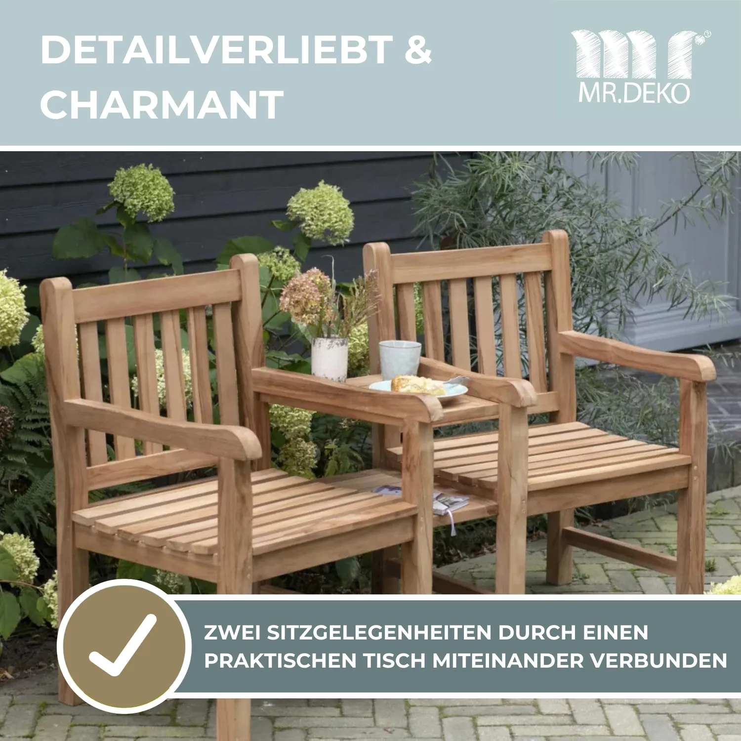 MR.DEKO Feierabendbank 160 cm Gartenbank mit Tisch Teakholz