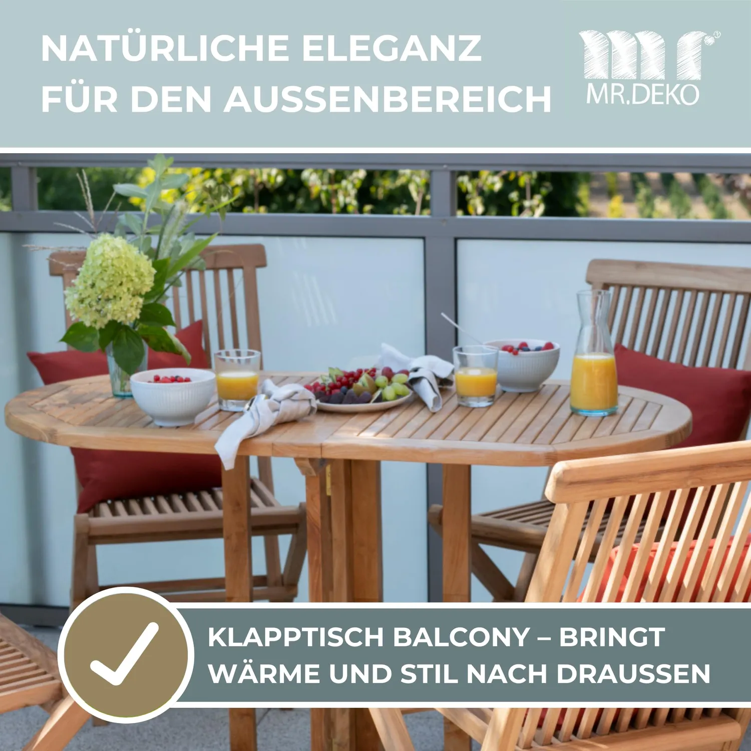 MR.DEKO Balcony Klapptisch 120 cm Teakholz oval