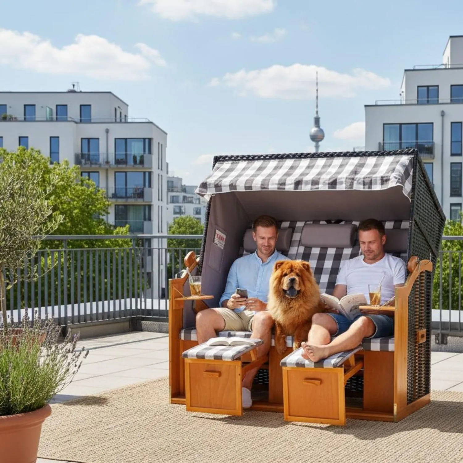 MR.DEKO Ostsee XXL Strandkorb 3-Sitzer Volllieger Dessin Grau Kariert