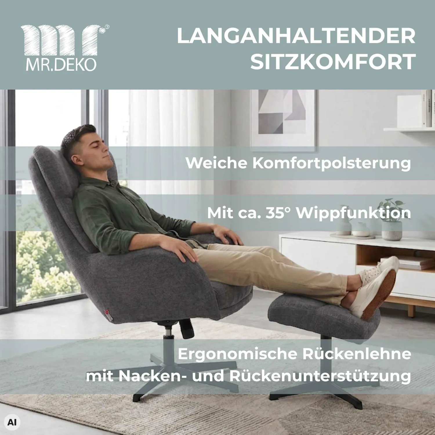 MR.DEKO Lucito Relaxsessel mit Hocker grau 360° drehbar Metallgestell