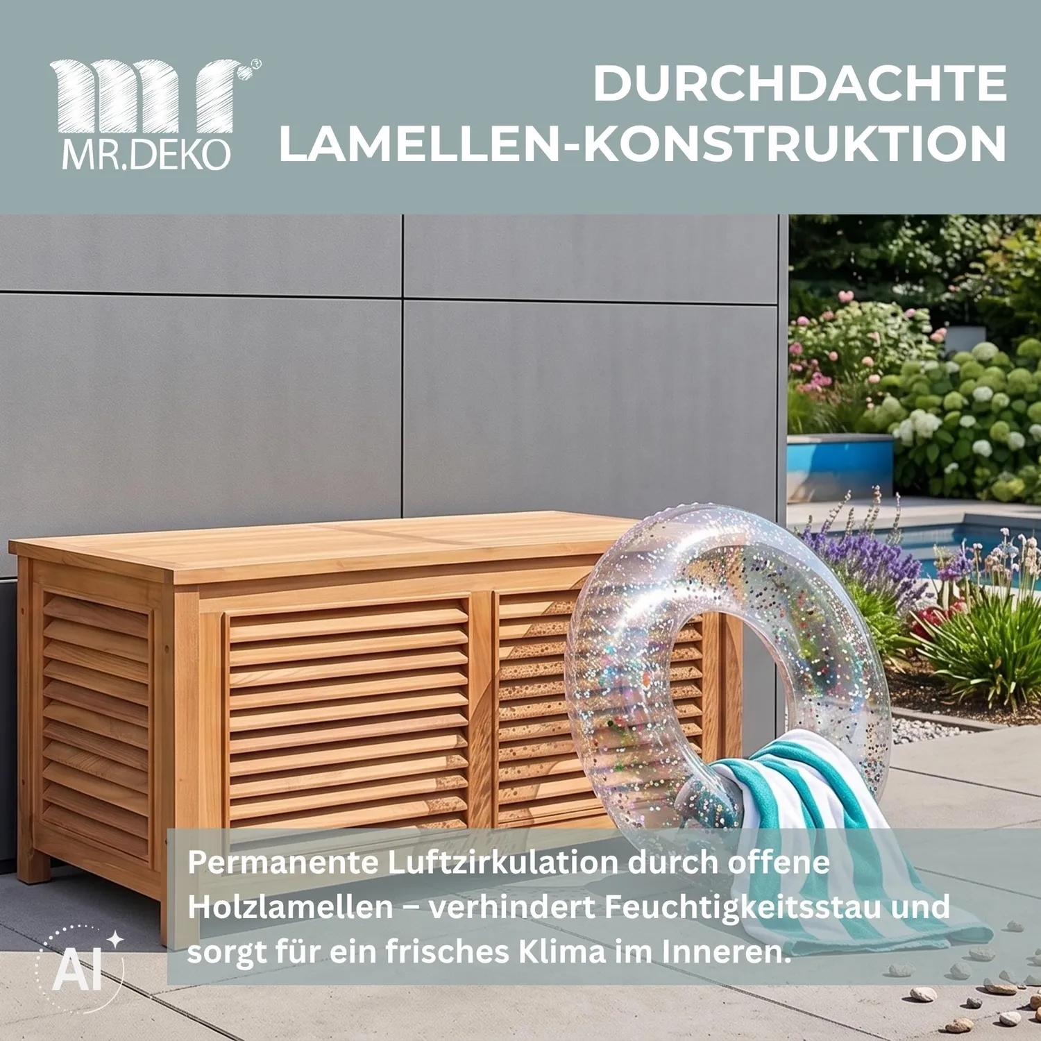 MR.DEKO Gartenbox Teak 430 l Auflagenbox 124 cm wetterfest