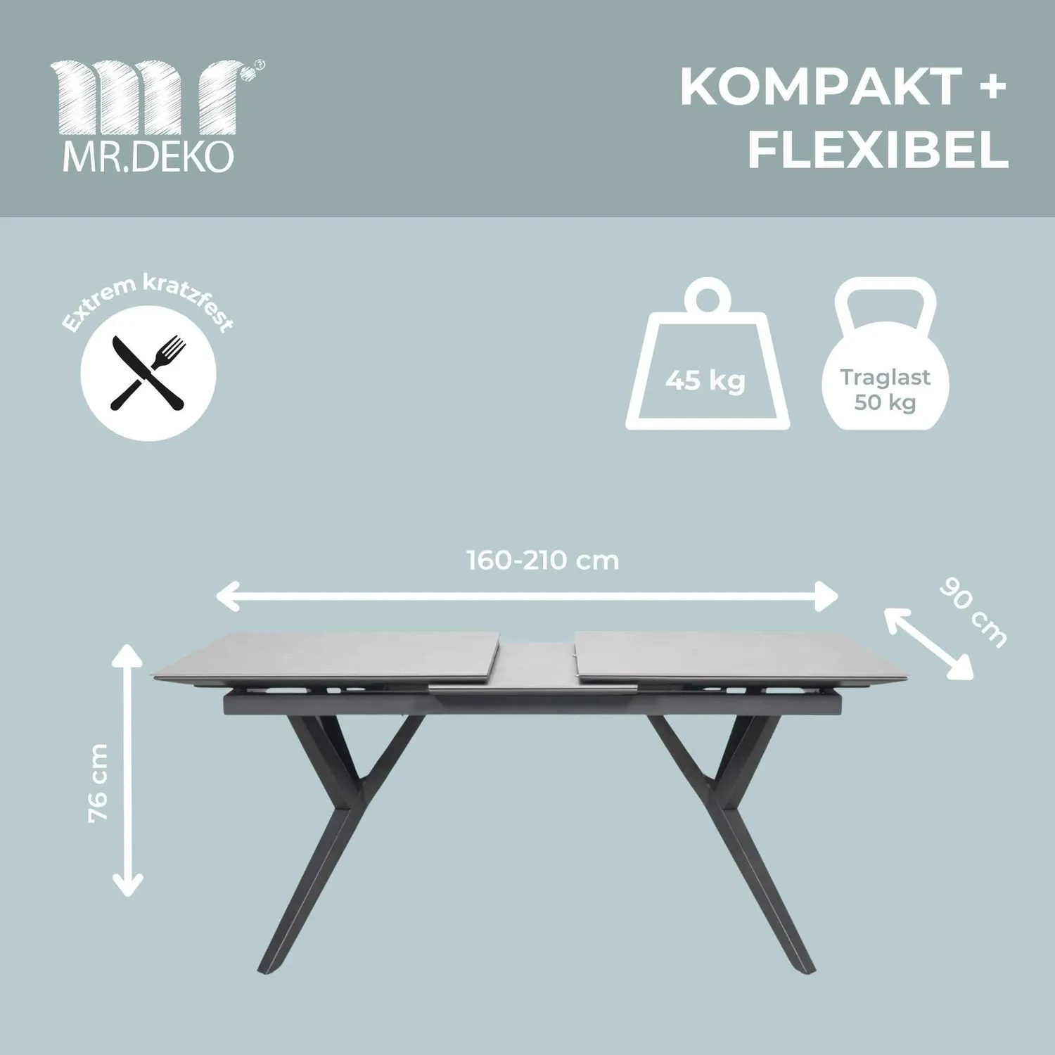 MR.DEKO Valor 160/210x90 cm Gartentisch ausziehbar hellgrau Keramikplatte