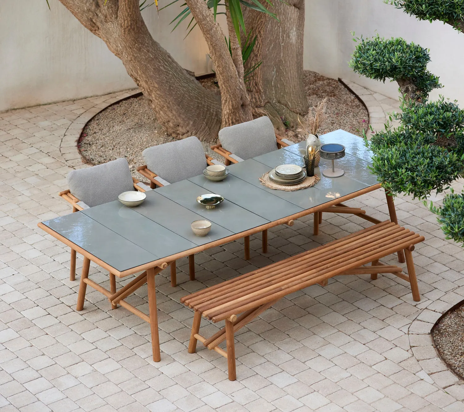 Cane-line Sticks Bench Gartenbank Taupe Teak mit Kissen